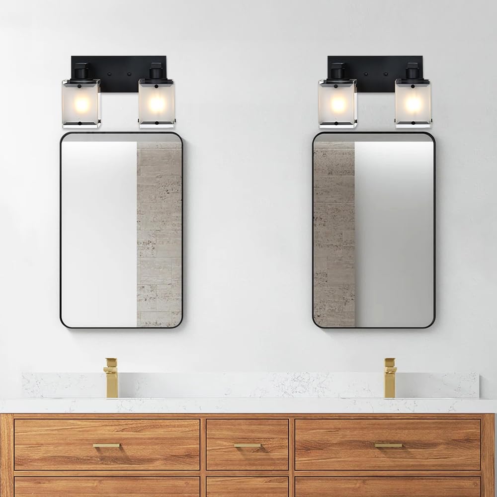 WINSHEN Black Wall Sconce Lighting, 2-Light Vanity Fixture, Metal, Rectangular Frosted Glass Shade, Model 2WBL-XOTFZO