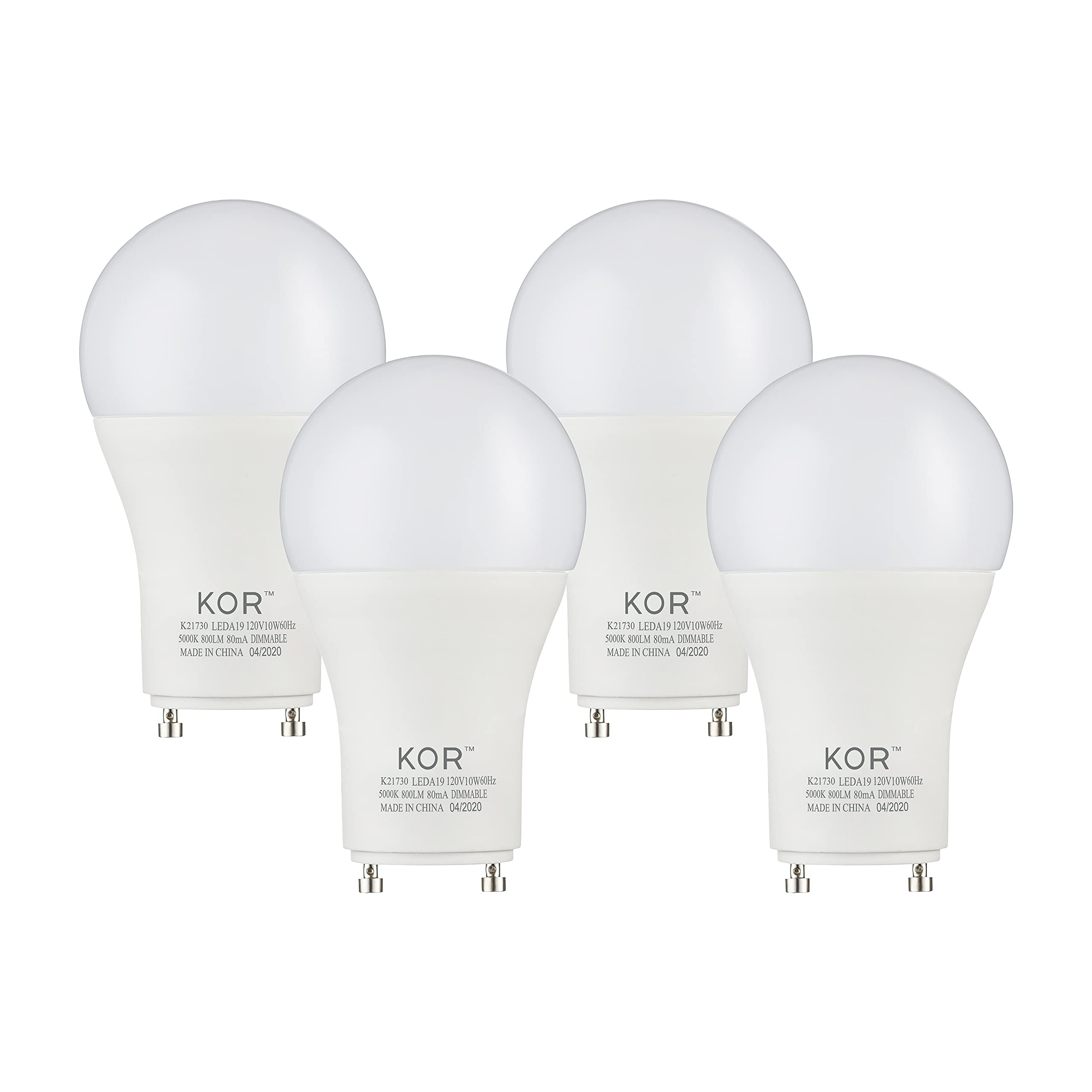 KOR LED GU24 A19 Light Bulbs, 60W Equivalent, 9.5W Dimmable, 4 Count, Daylight 5000K