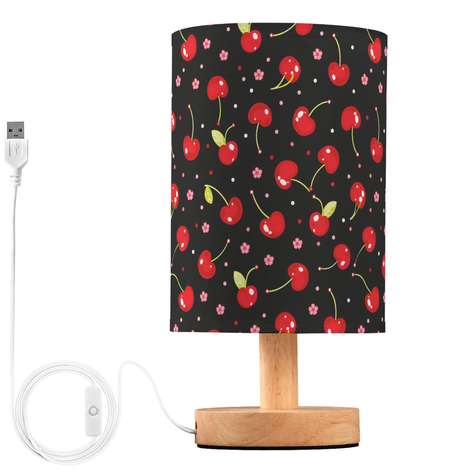 ALAZA Cherry Flower on Black Decor Bedside Table Lamp with USB Port for Bedroom Nightstand Office Desk LED Bulb Included