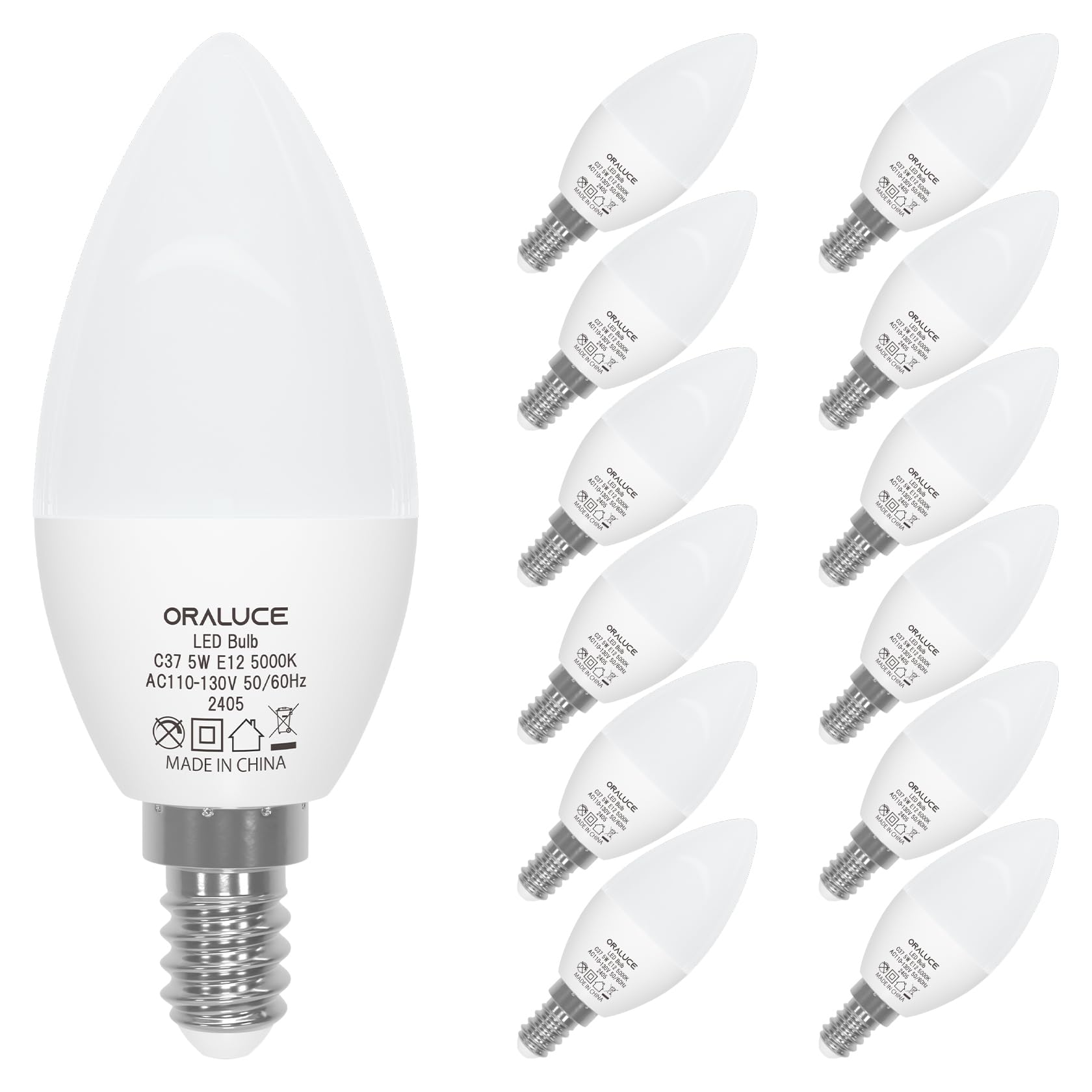 Oraluce E12 Led Bulb 40 Watt Equivalent, 5000K Daylight White Candelabra Led Light Bulbs Non-Dimmable, Chandelier Light Bulbs Ty