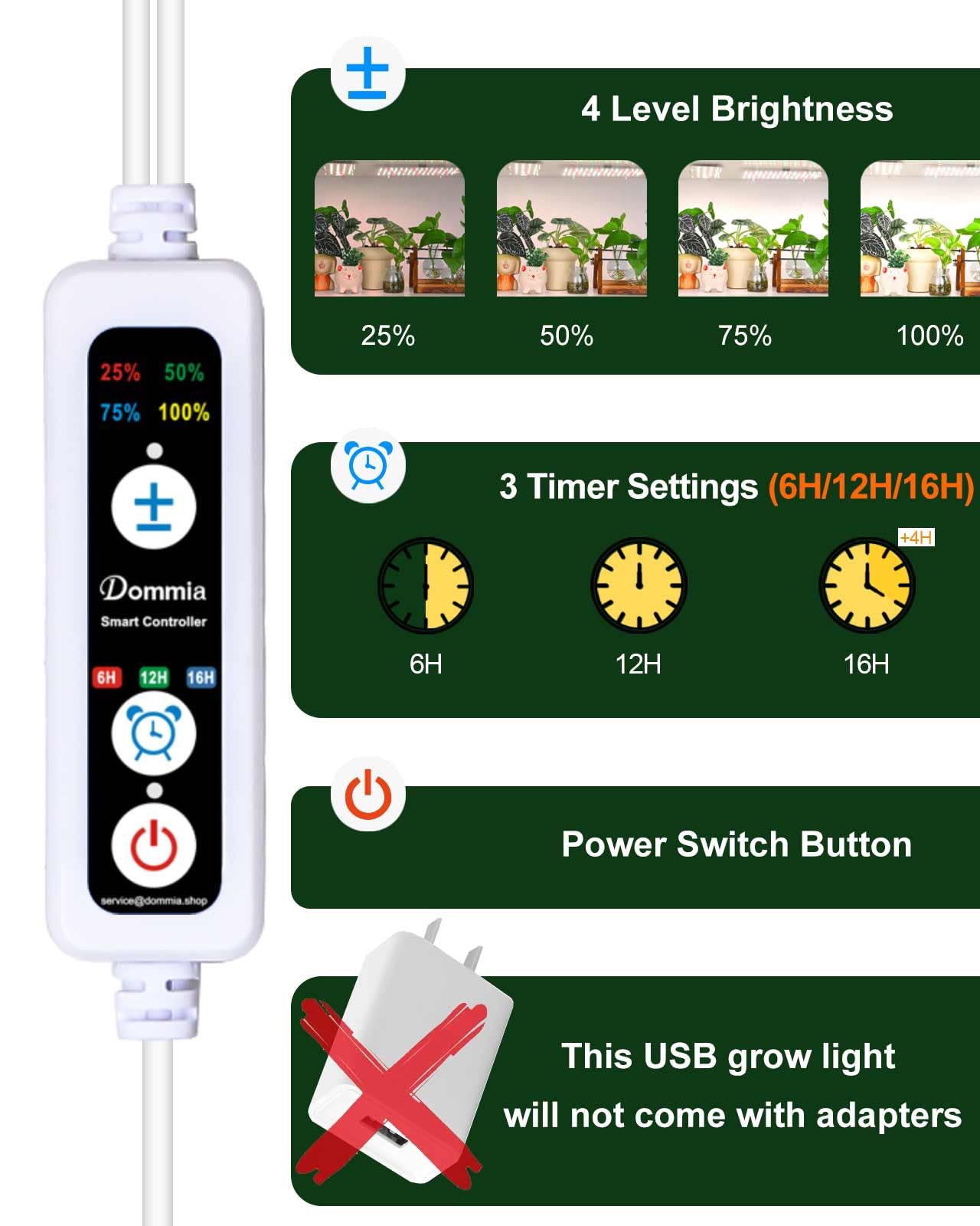 Dommia Grow Light, Square 4 Dimmable Full Spectrum High Ppfd With Optical Lens, Auto On/Off And 6/12/16H Timer, Suitable For Hydroponics, Seedlings, Succulents, Veg, Flowers & More(No Adapters)