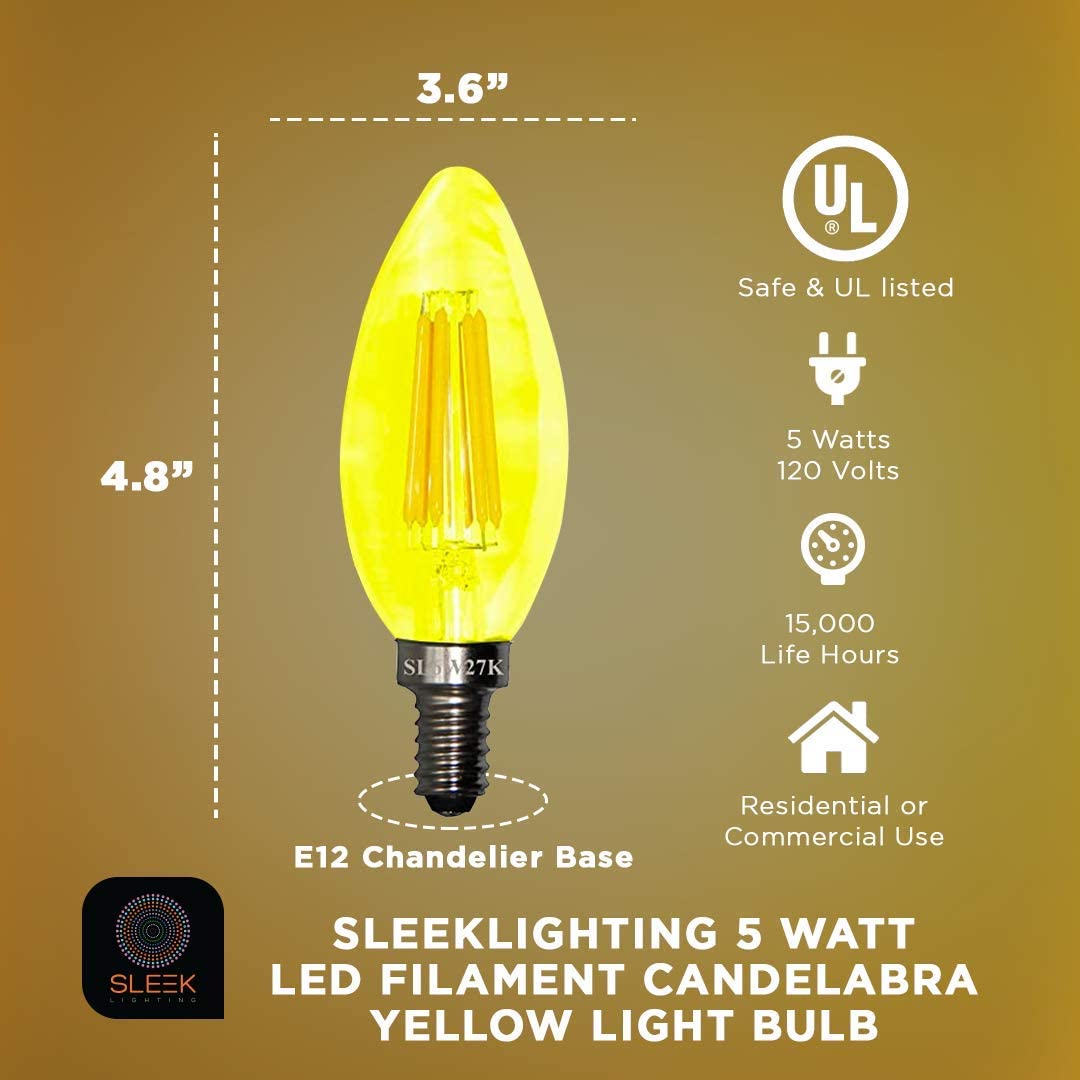 SLEEKLIGHTING 5 Watt E12 LED Filament Candelabra Yellow Light Bulb, (60W Incandescent Replacement) Chandelier Torpedo Tip, Clear