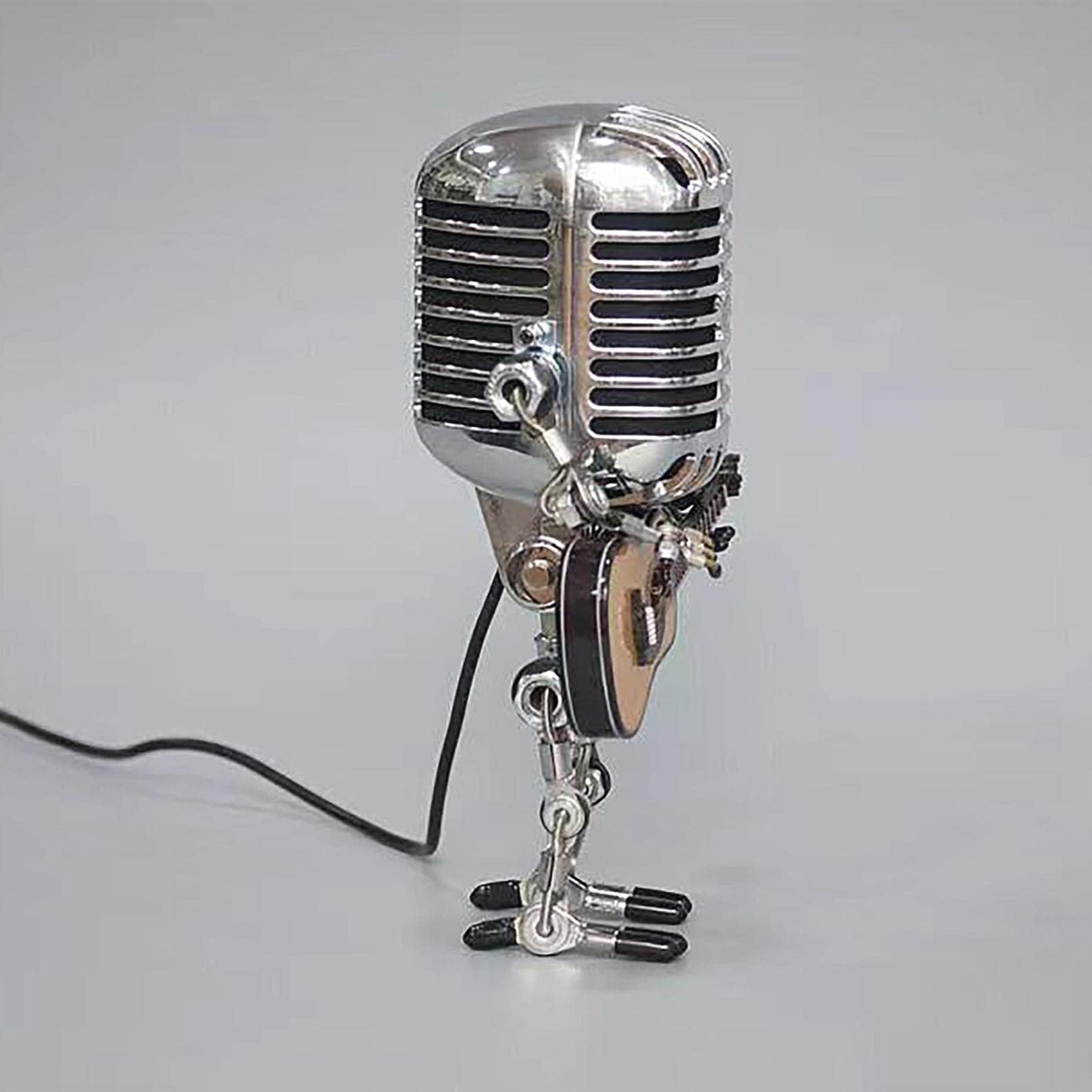 Generic Vintage Microphone Guitar Lamp - USB Powered, Silver, Retro Design for Music Lovers and Guitar Players