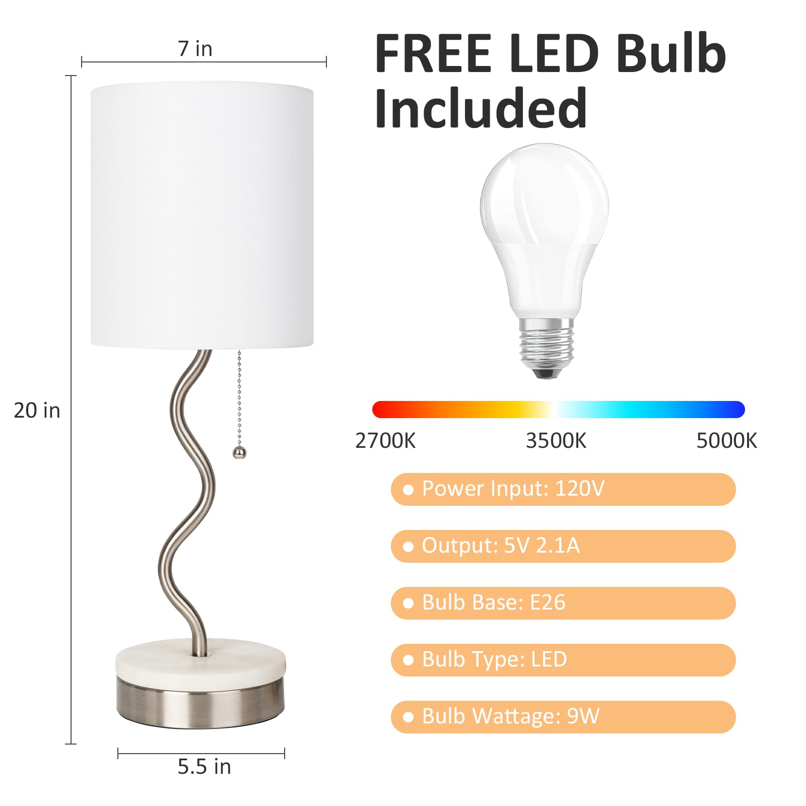 Velxee Marble Base Table Lamp - Modern Bedside Lamp With Usb Port & Pull Chain, Lamp For Bedroom, Living Room, Or Office - Elega