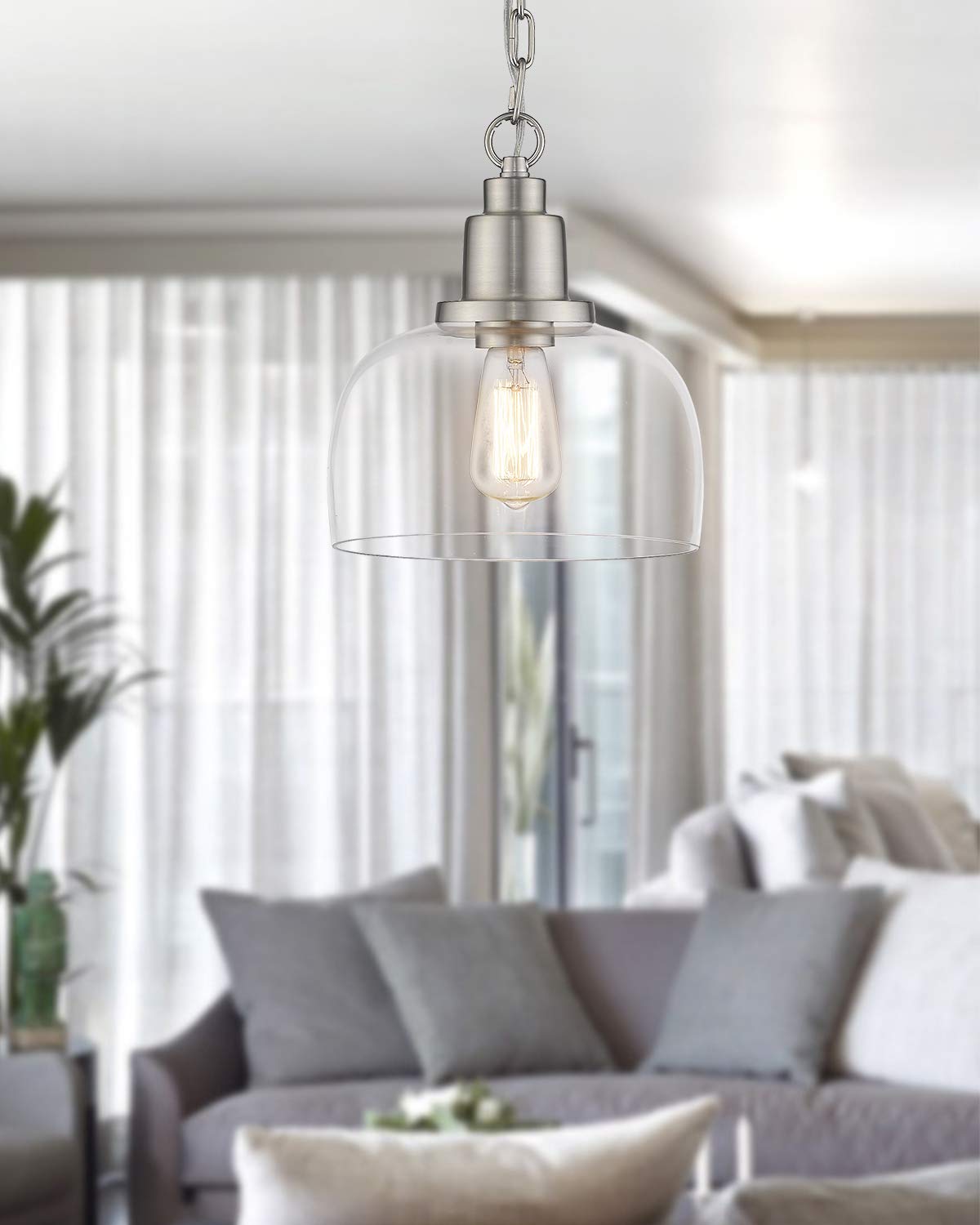 Eapudun Modern Farmhouse Pendant Light, 1-Light Brushed Nickel With Clear Glass Shade