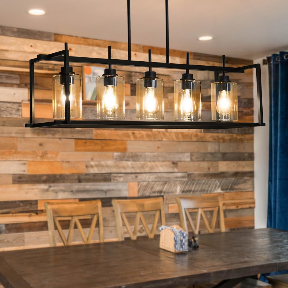 Dsmjfu Black Farmhouse Rectangular Chandelier For Dining Room  5-Light Linear Pendant Lighting  Rectangular Kitchen Island Light Fixture Over Table  Adjustable Height Chandelier Hanging Light