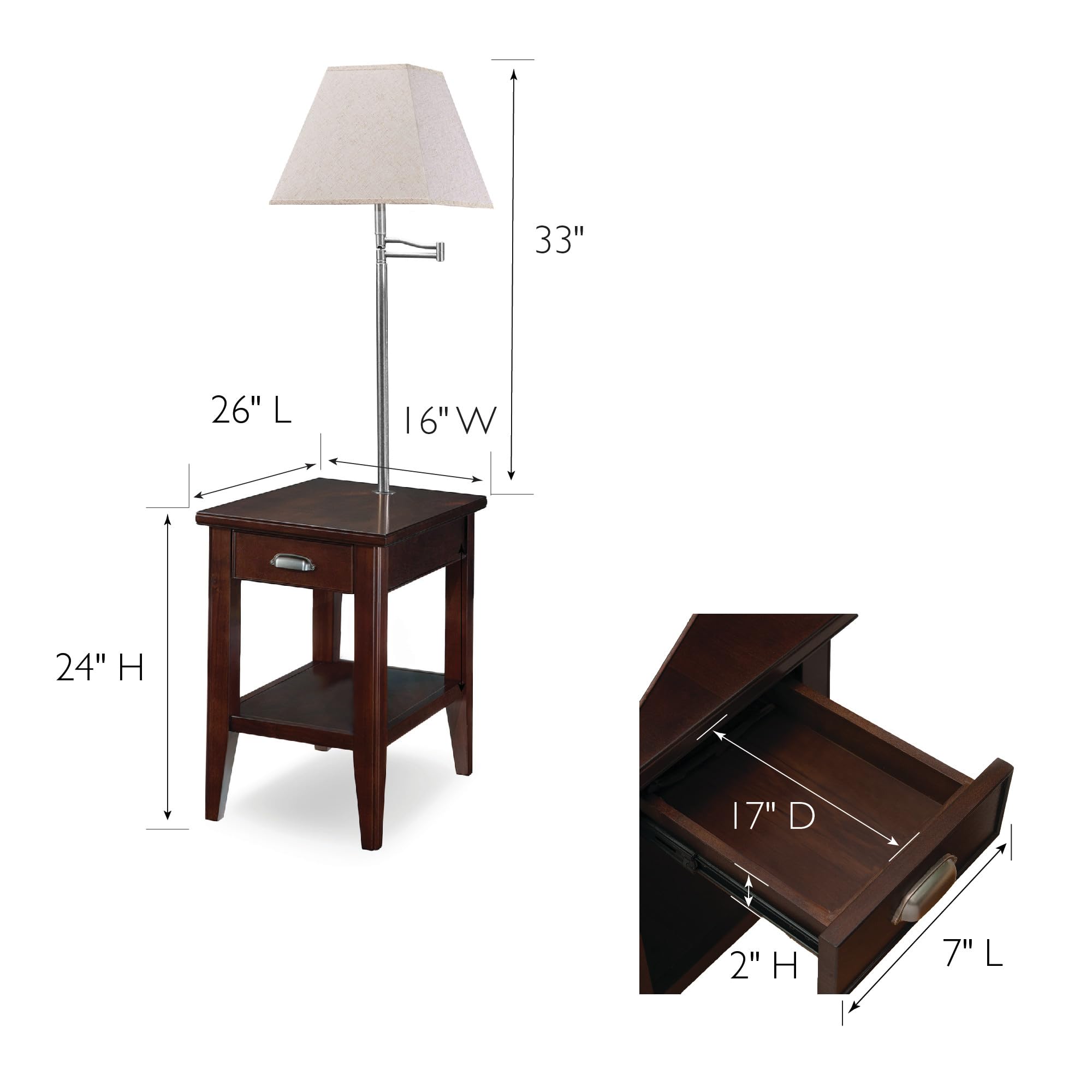 Leick Home 10537 Laurent One Drawer Swing Arm Lamp Side Table With Shelf, Chocolate Cherry, 16''X26''