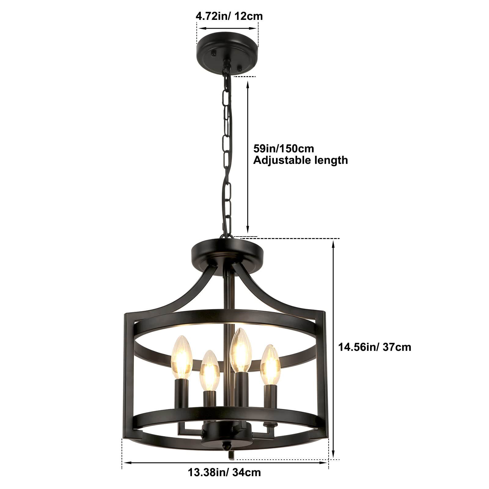 WBinDX 4-Light Farmhouse Chandelier, Metal Pendant Lighting, Convertible Semi Flush Mount, Black, Model D1028S-4-B