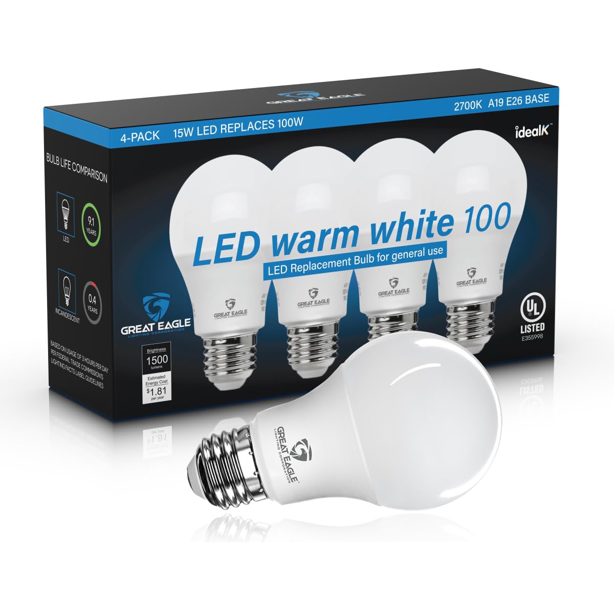 Great Eagle Lighting 100W Equivalent LED Light Bulb 1500 Lumens A19 2700K Warm White 4-Pack