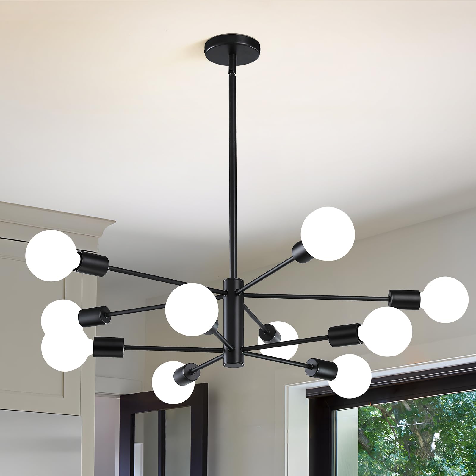 RUIYEY Modern Sputnik Chandeliers Light, 10-Light Black Chandeliers for Dining Room, E26 Height Adjustable Chandelier Ceiling Li