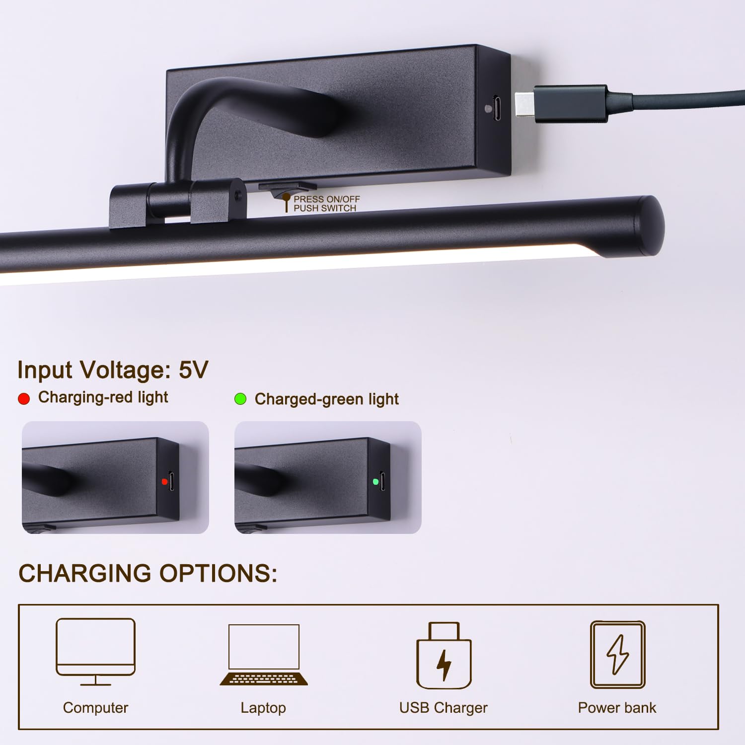 Led Picture Light Fixtures Rechargeable Battery Wall Light For Paintings, Dimmable And Timer Art Light, 3 Colors, Modern And Wir