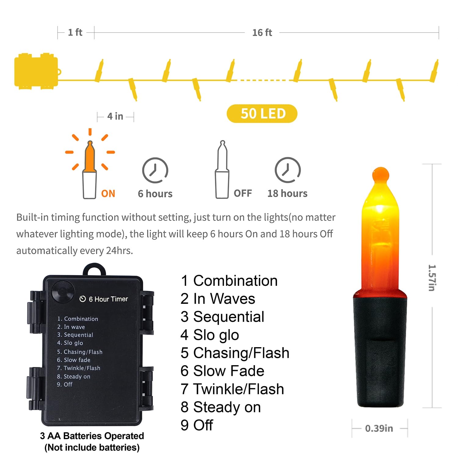 Waterglide 50 Led Halloween String Lights, 16 Ft Waterproof Mini Lights, Orange & Purple, 8 Modes, Battery Operated For Indoor/Outdoor Use