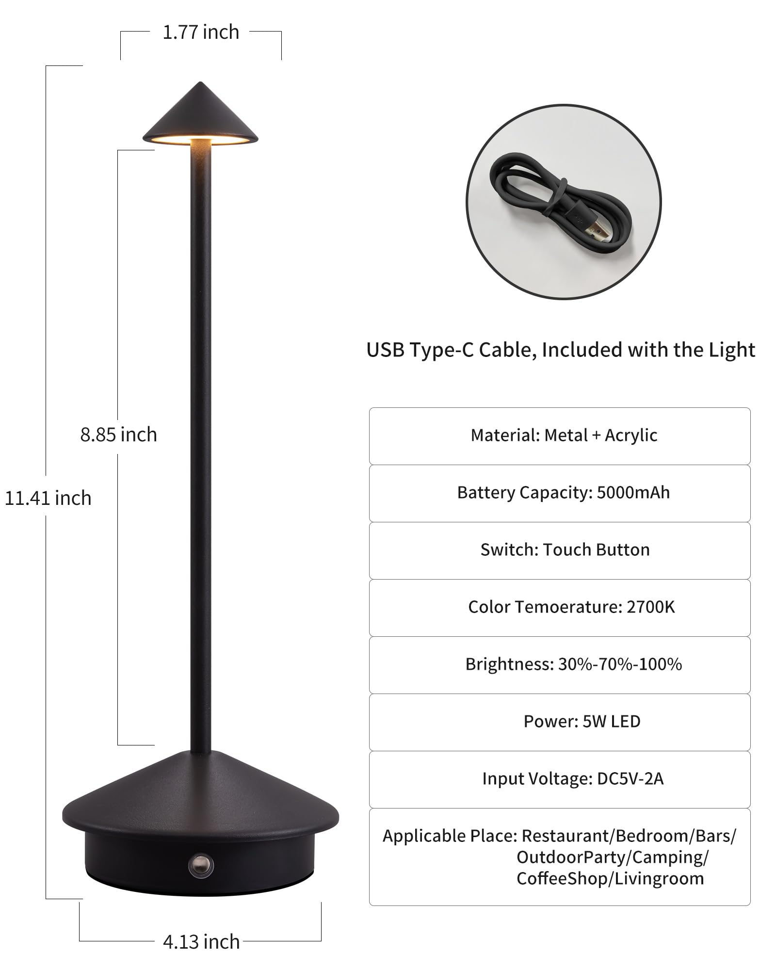 NEWSEE Cordless Table Lamp Set of 2, LED, 5000mAh Battery, White, Model AMZ-TBL-023-WH2