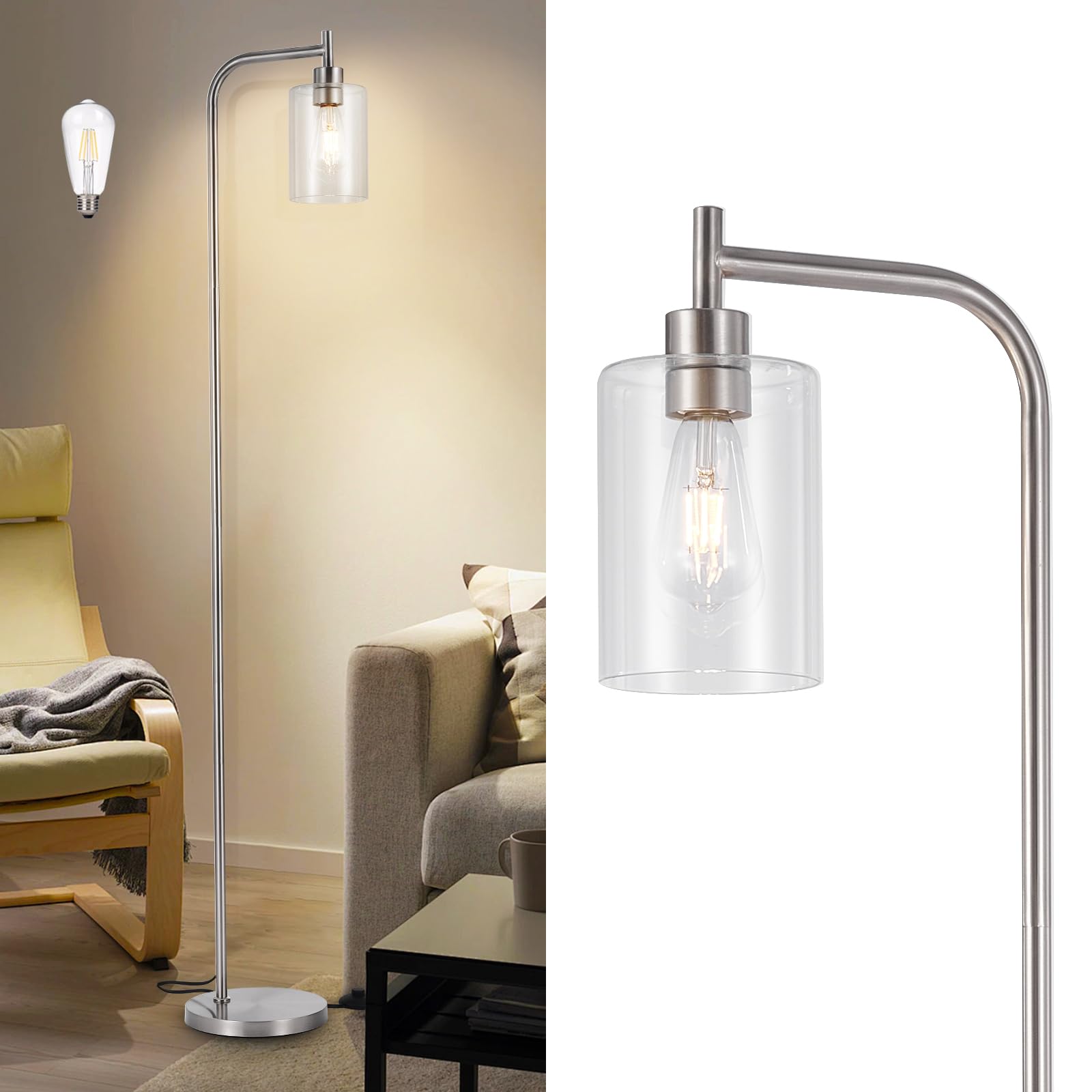 Dllt Floor Lamp Tall For Room: Nickel Standing Lamp With Clear Glass Lampshade For Living Room - Modern Bright Lamp For Bedroom 