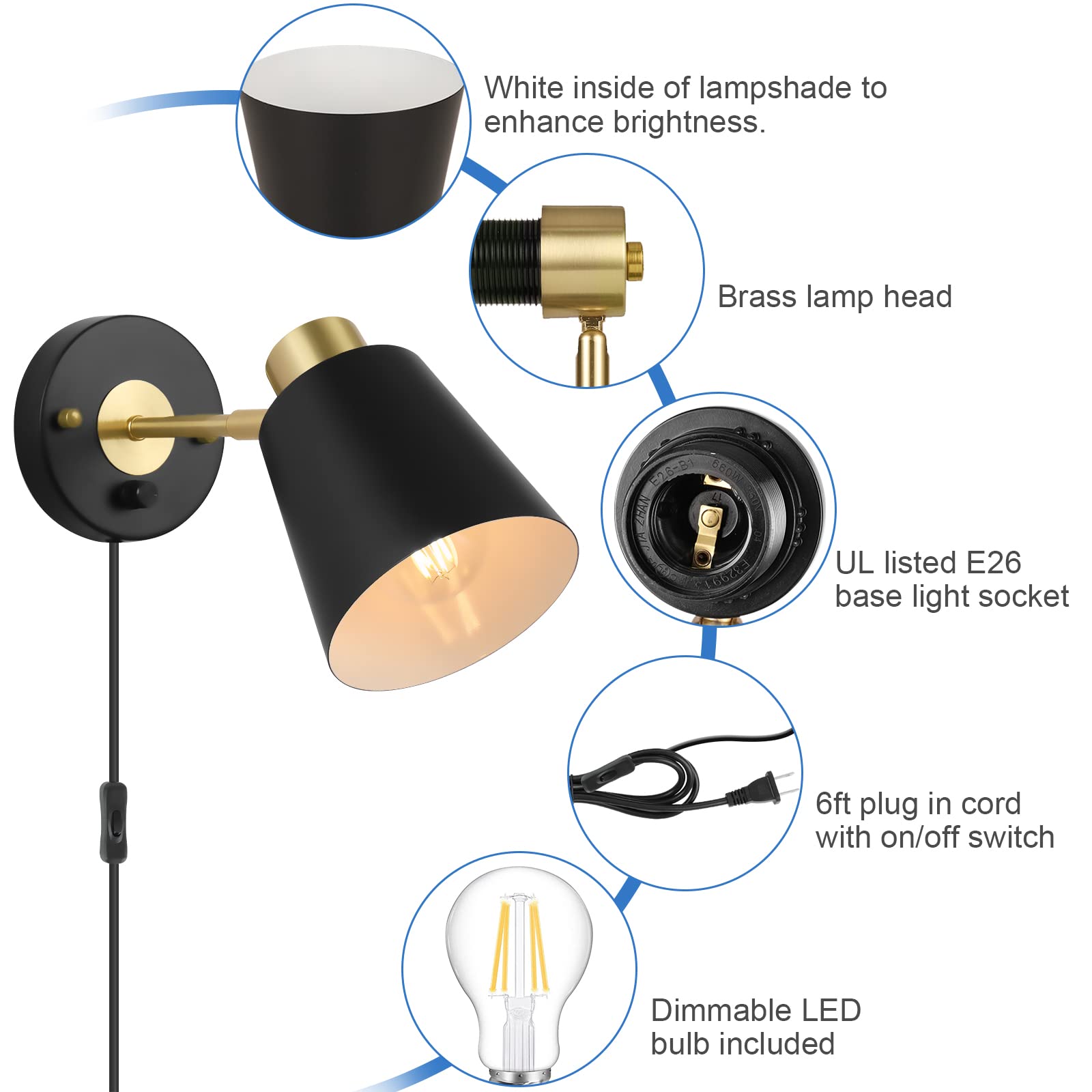 VATONI Wall Sconce Plug-In, Dimmable Adjustable Light, 2 Pack, Black, Brass, Model Stlamp-Blk-2P, Bulbs Included
