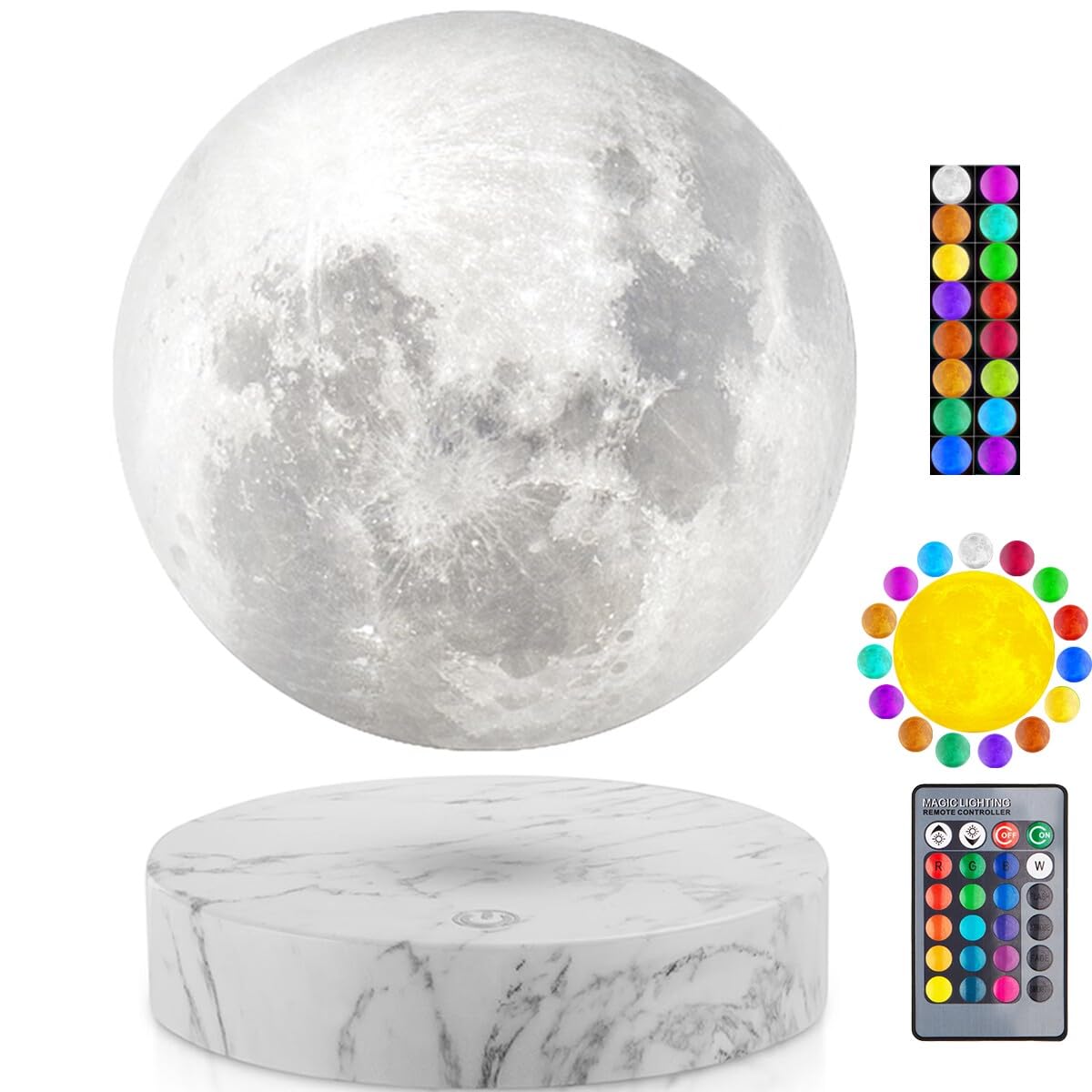 VGAzer Levitating Moon Lamp, 3D Printed LED, 20 Modes, Marble Base, 16 Colors, Unique Gifts, Room Decor, Night Light, Desk Toy