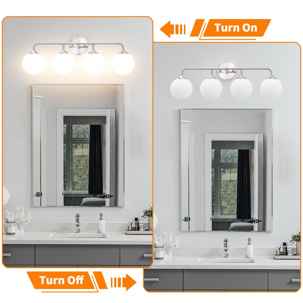 Modern 4-Lights Brushed Nickel Vanity Lights Over Mirror  Bathroom Lighting Fixtures With Milk White Globe Glass Shade  Industrial Bathroom Wall Sconce For Dressing Table Bedroom Living Room