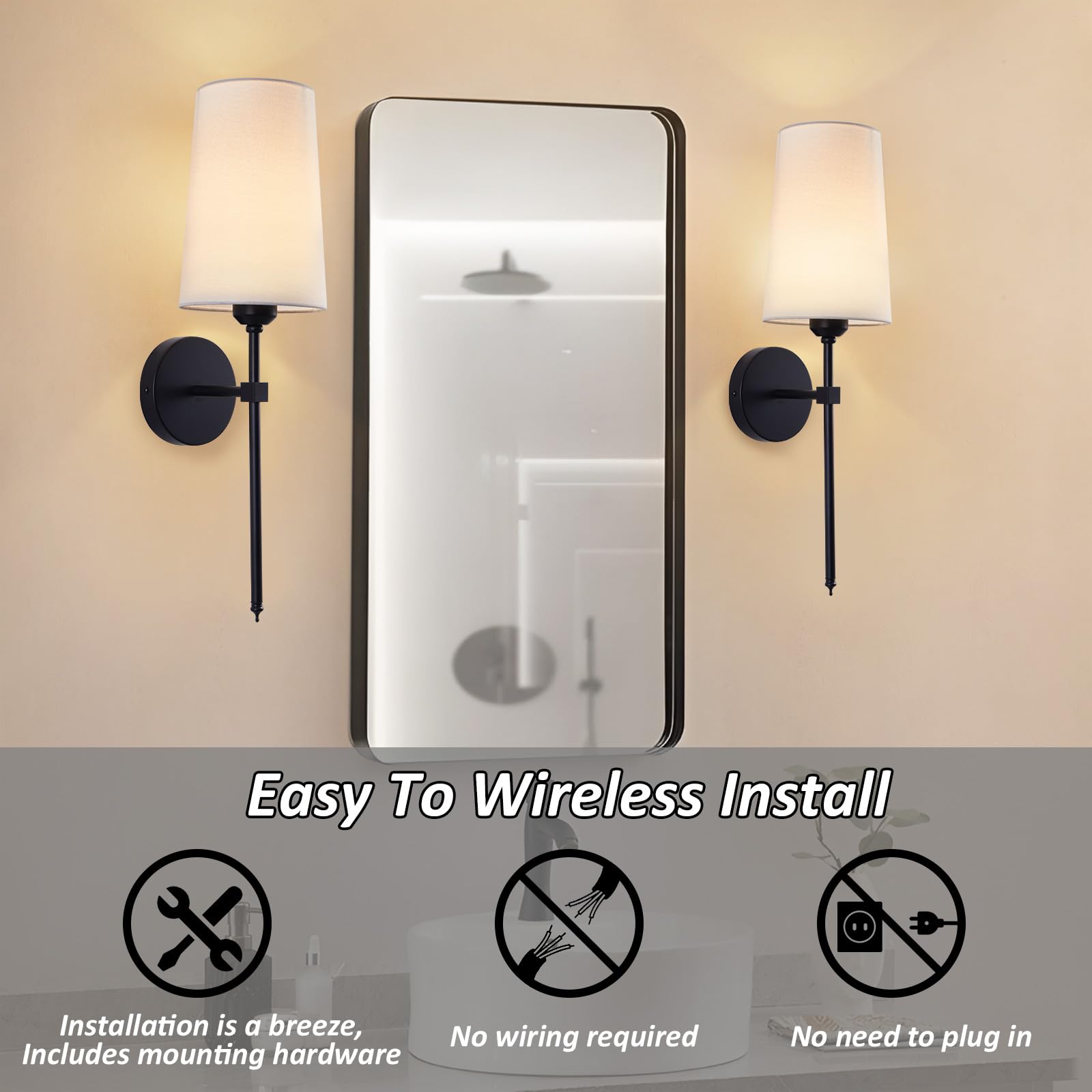 CCKZQYR Battery Operated Wall Sconces, Black, Rechargeable with Remote Control, Dimmable, Set of 2, Ideal for Bedroom and Living Room