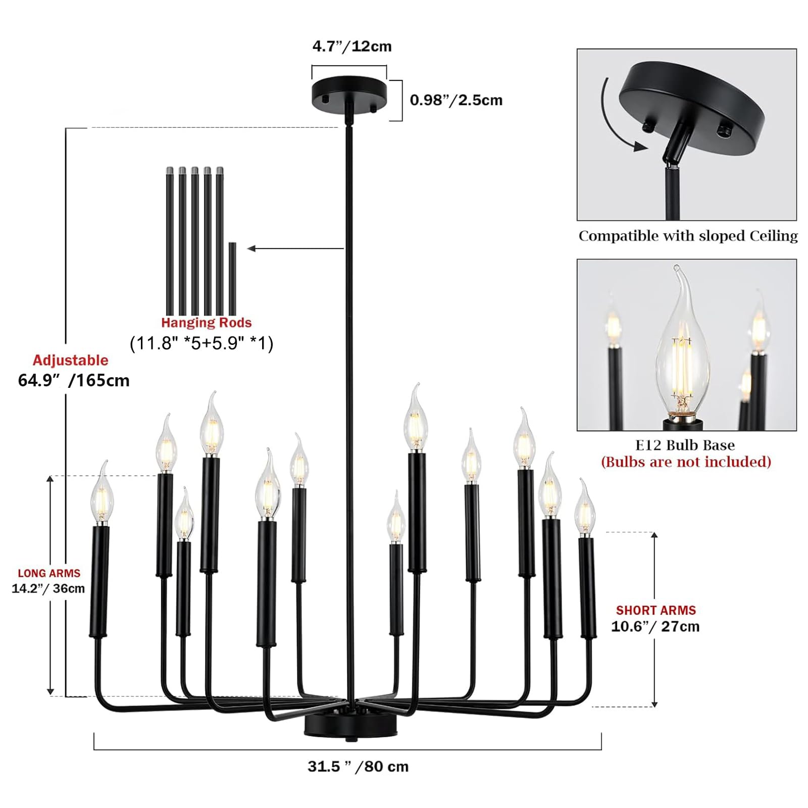 Woknos Modern Black Farmhouse Chandeliers, 12-Light Industrial Metal Chandelier Lighting, Classic Candle Hanging Pendant Light F