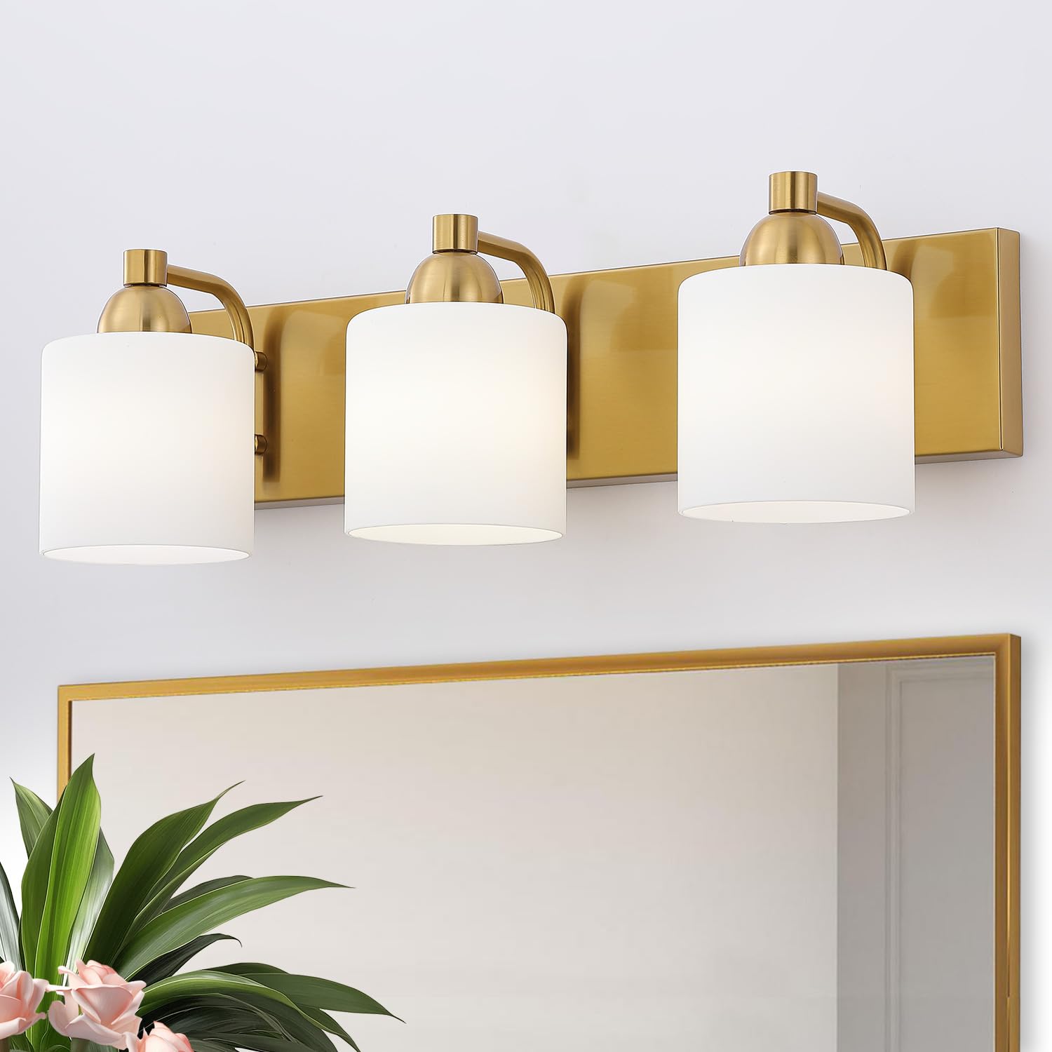Mecgirn Stainless Steel Milk Glass Vanity Lights for Bathroom  3 Light Gold Bathroom Light Fixtures Over Mirror  Ceramic E26 Sockets Wall Mounted