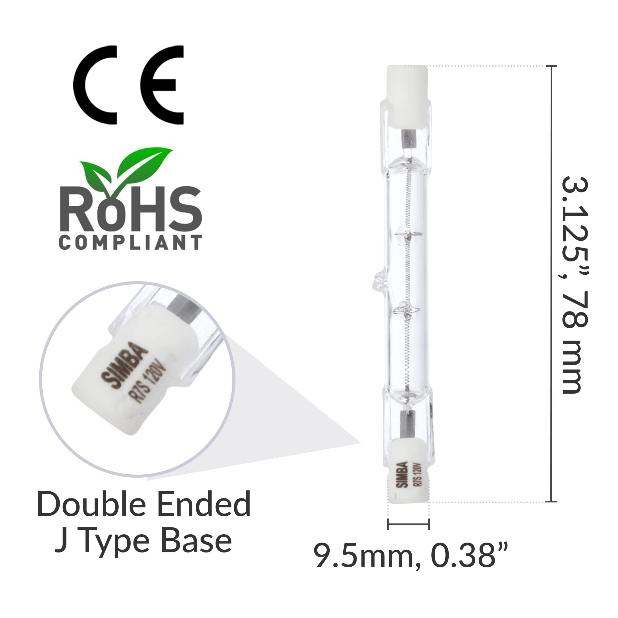 Simba Lighting Halogen R7S 100W Dimmable Bulbs, 5 Pack, 2700K Warm White, Glass, 78mm T3, 360º Beam Angle