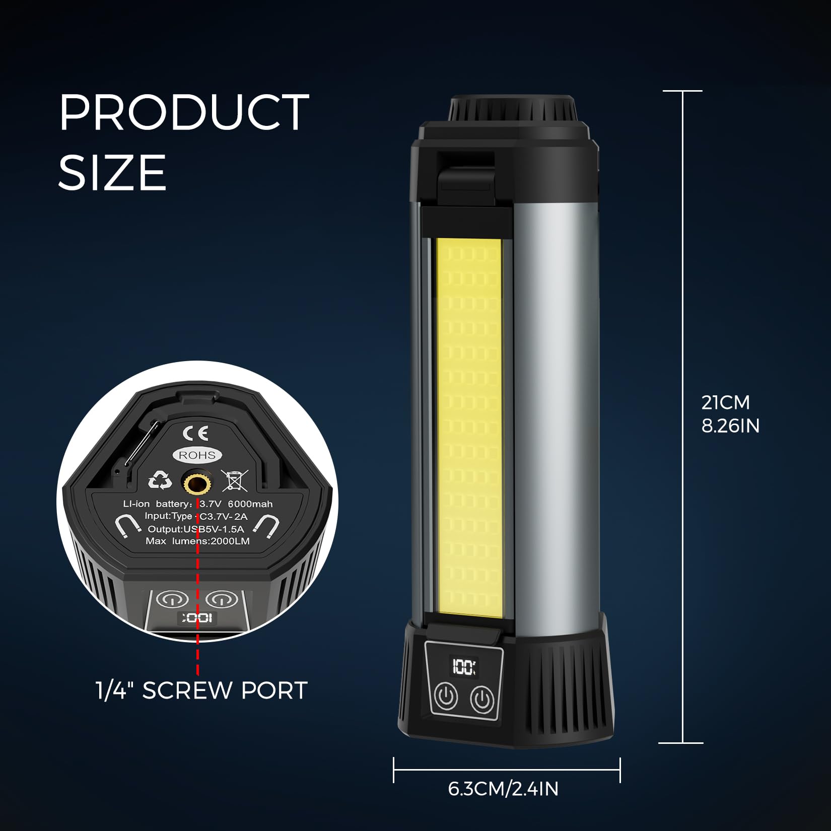 Mlogiroa Rechargeable Work Light: Dimmable 6ah Camping Light - Cordless Work Lights 3 Page Head 500/1000/2000 Lumen for Outdoor