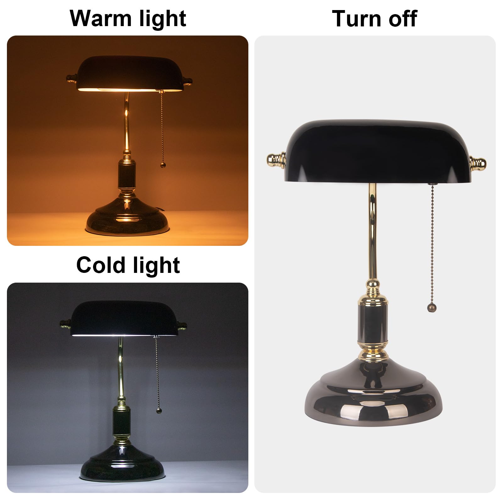 FIRVRE Bankers Desk Lamp, Black Glass Shade, Golden E26 Base, Model 006, Traditional Style for Office, Study Room