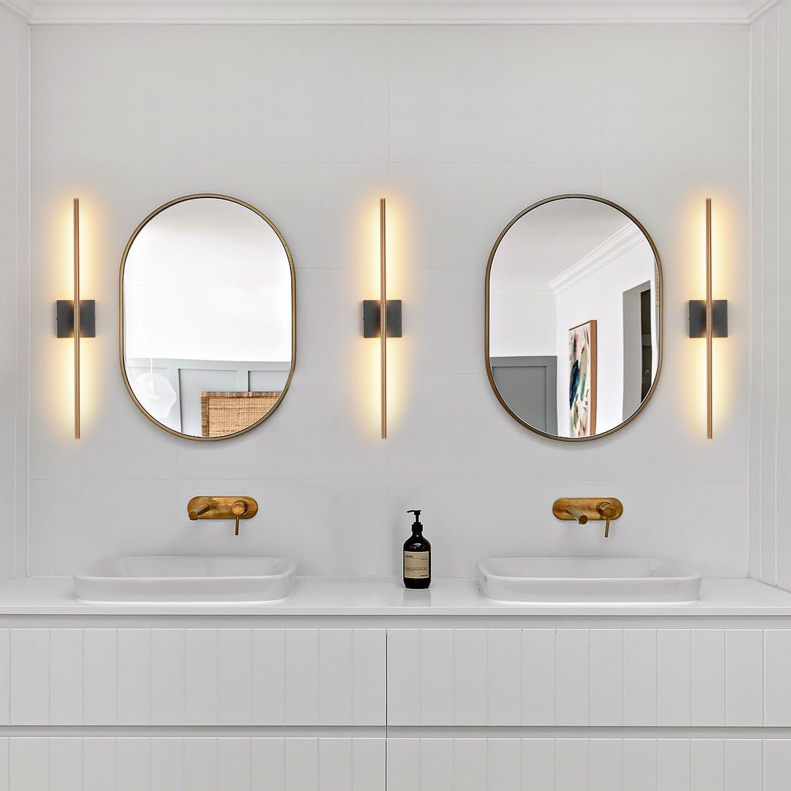 Kuzzull Modern Light Fixture Set Of Two 27.8X4.3X3.4In Black And Brass Gold Sconces 1200Lm Led Wall Lights For Bathroom, Living