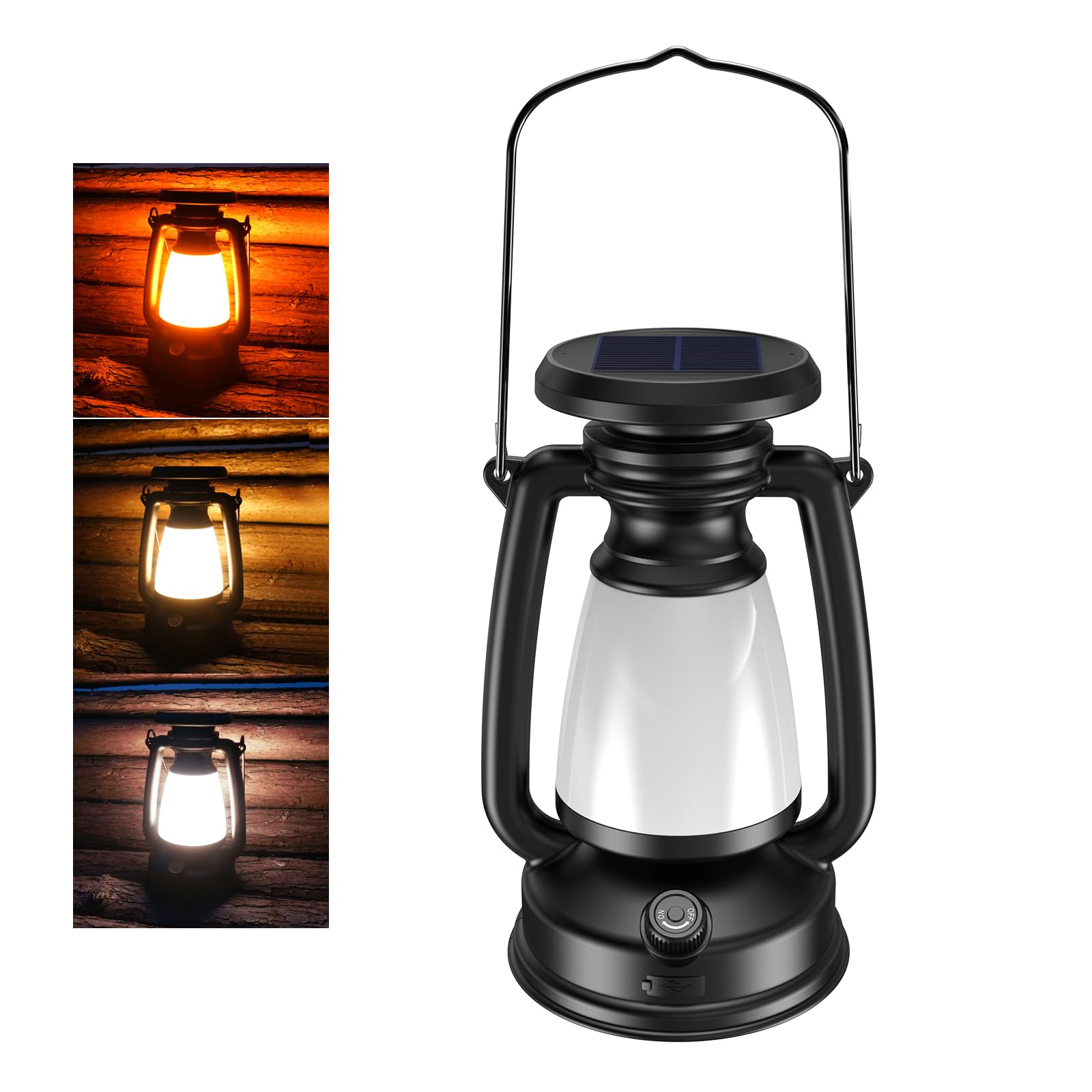 iodoo 4000mAh Solar-Powered Camping Lantern, Black, Vintage Style, Adjustable Brightness, Model: iodoo-lantern-001