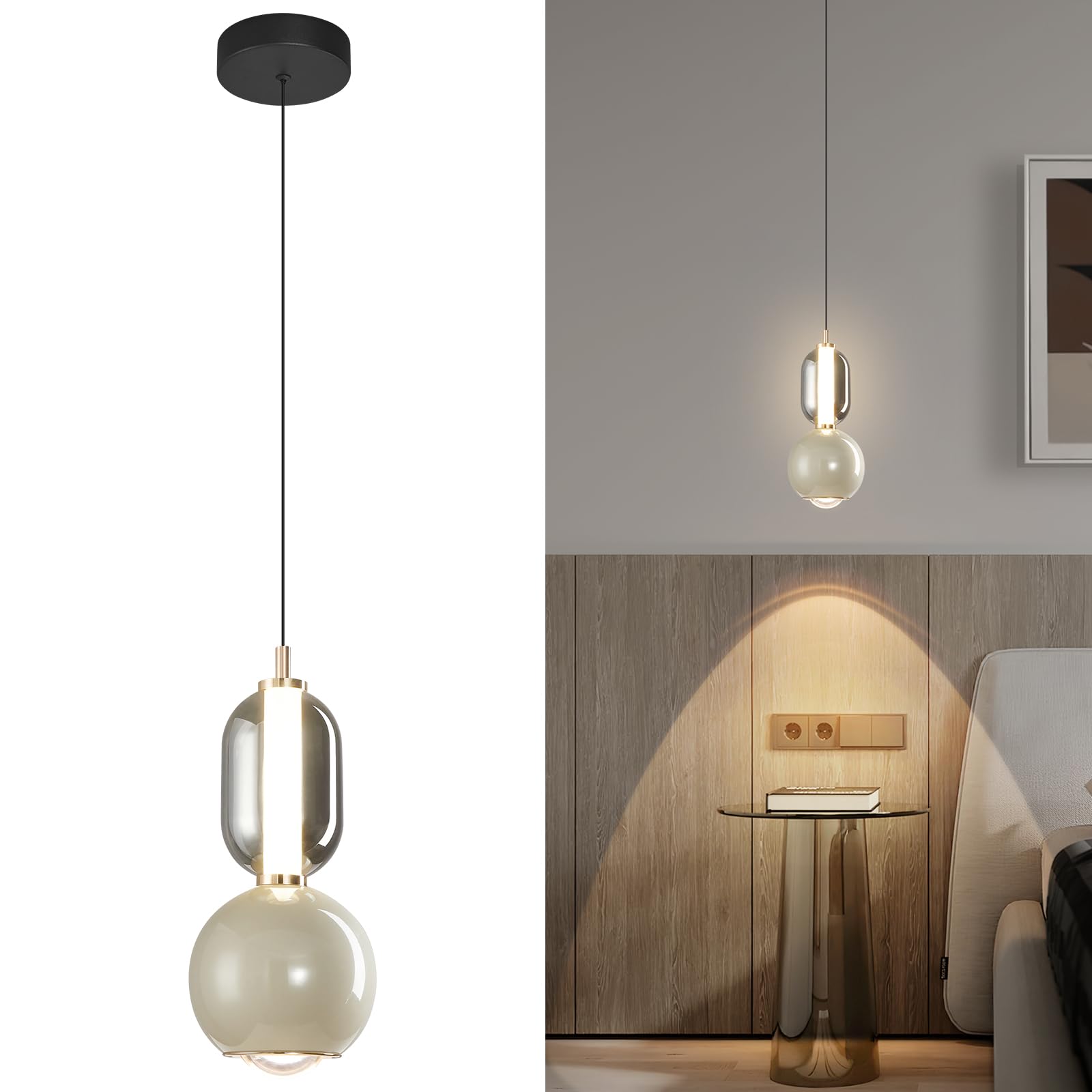 ADCTHOME Modern Glass Pendant Light  Griege Pendant Lighting LED Dimmable  Adjustable Pendant Lights Kitchen Island Dinning Room Bedroom Bar  Kitchen Island Ceiling Hanging Light Fixtures(1-Pack)