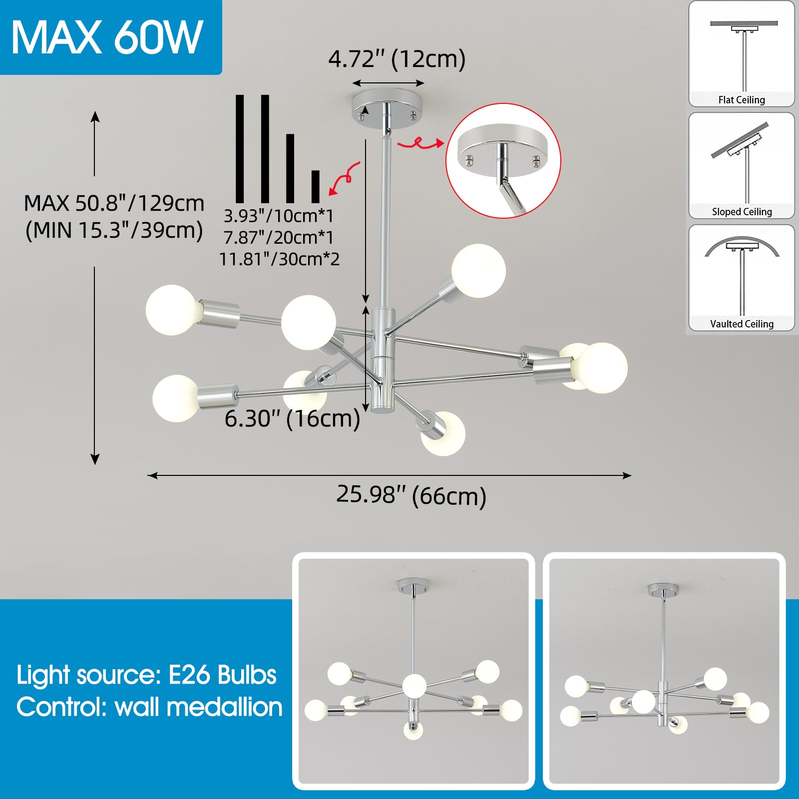 Hhr Modern Sputnik Chandelier, Industrial 8-Light Chrome Ceiling Light Fixture, Height Adjustable Lighting For Kitchen Island,Be