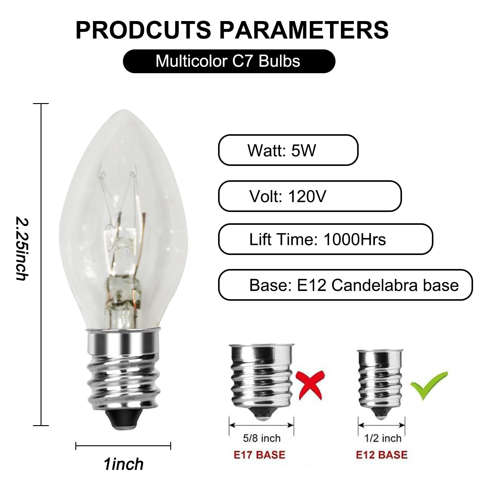 Bokoiuu C7 Replacement Light Bulbs, 25 Pack Clear Night Light Bulbs, C7/E12 Candelabra Base For Outdoor String Light Bulbs Repla