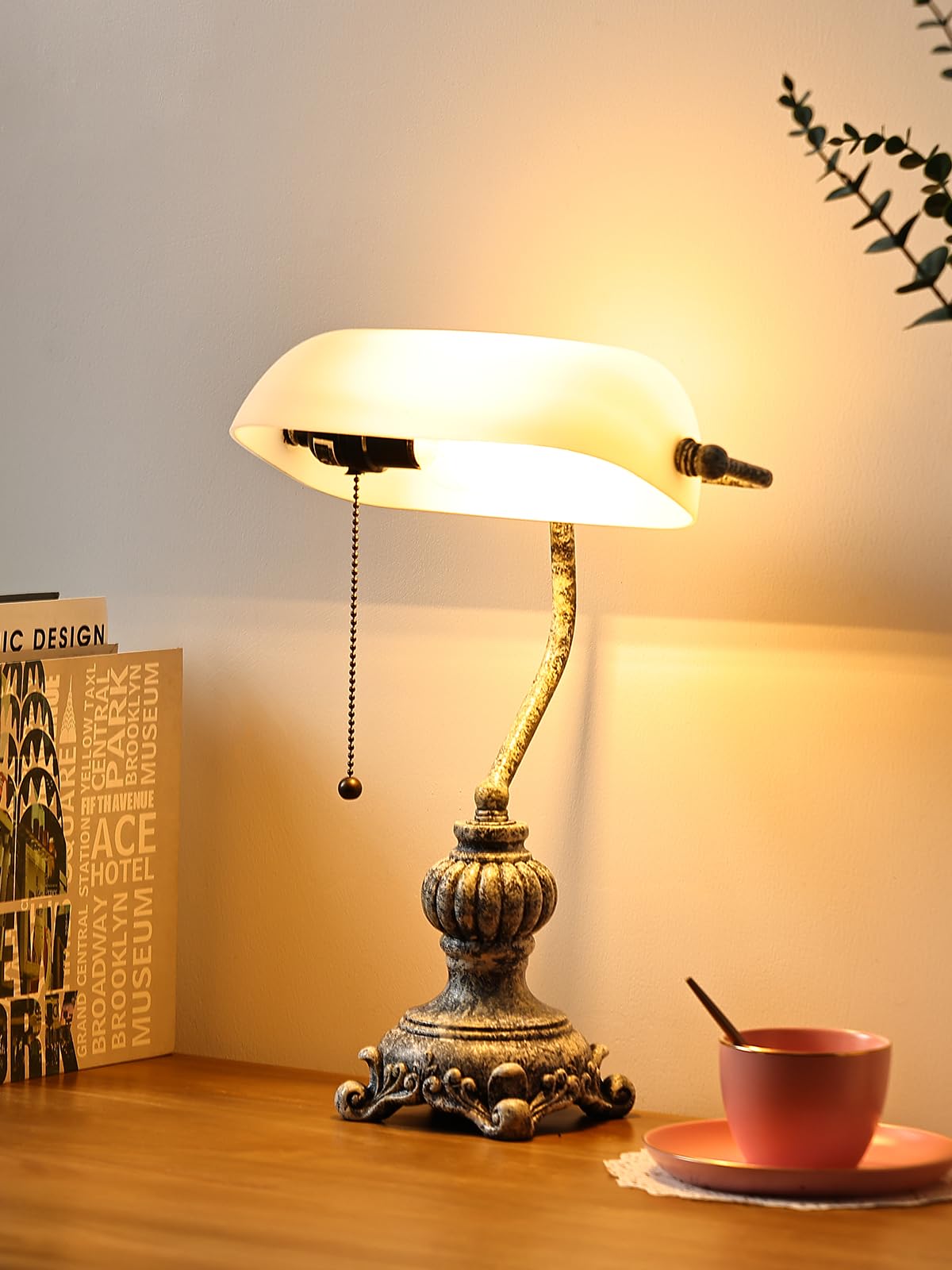 Newrays Retro White Matted Glass Bankers Desk Lamp For Home Office,Library With Pull Chain Switch Plug In Fixture, Led Bulb Incl