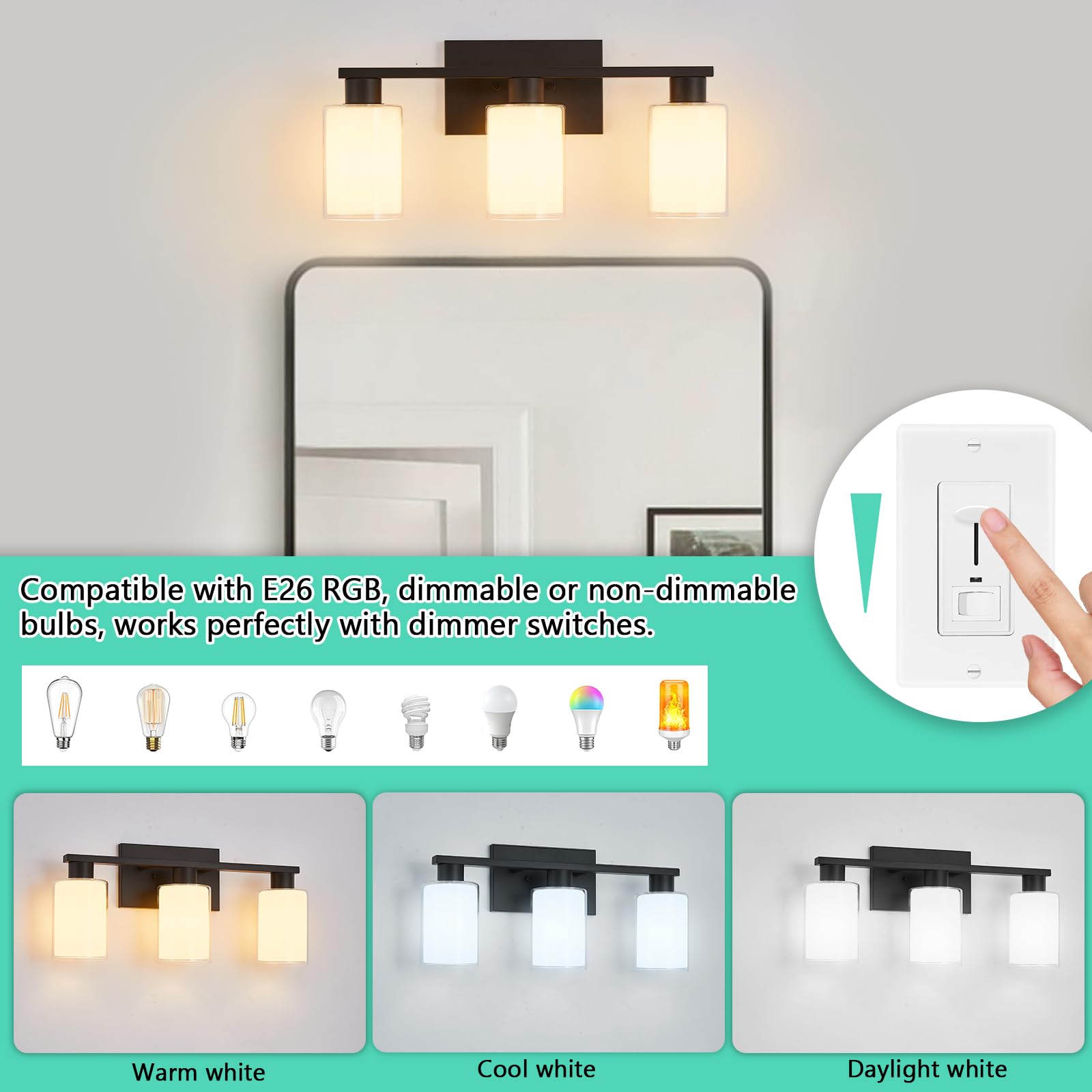 Bathroom Light Fixtures, 3 Lights Matte Black Vanity Light With White Glass And Clear Glass Lampshade, Modern Bathroom Vanity Lights Over Mirror, Bath Wall Sconces Lighting For Living Room Hallway
