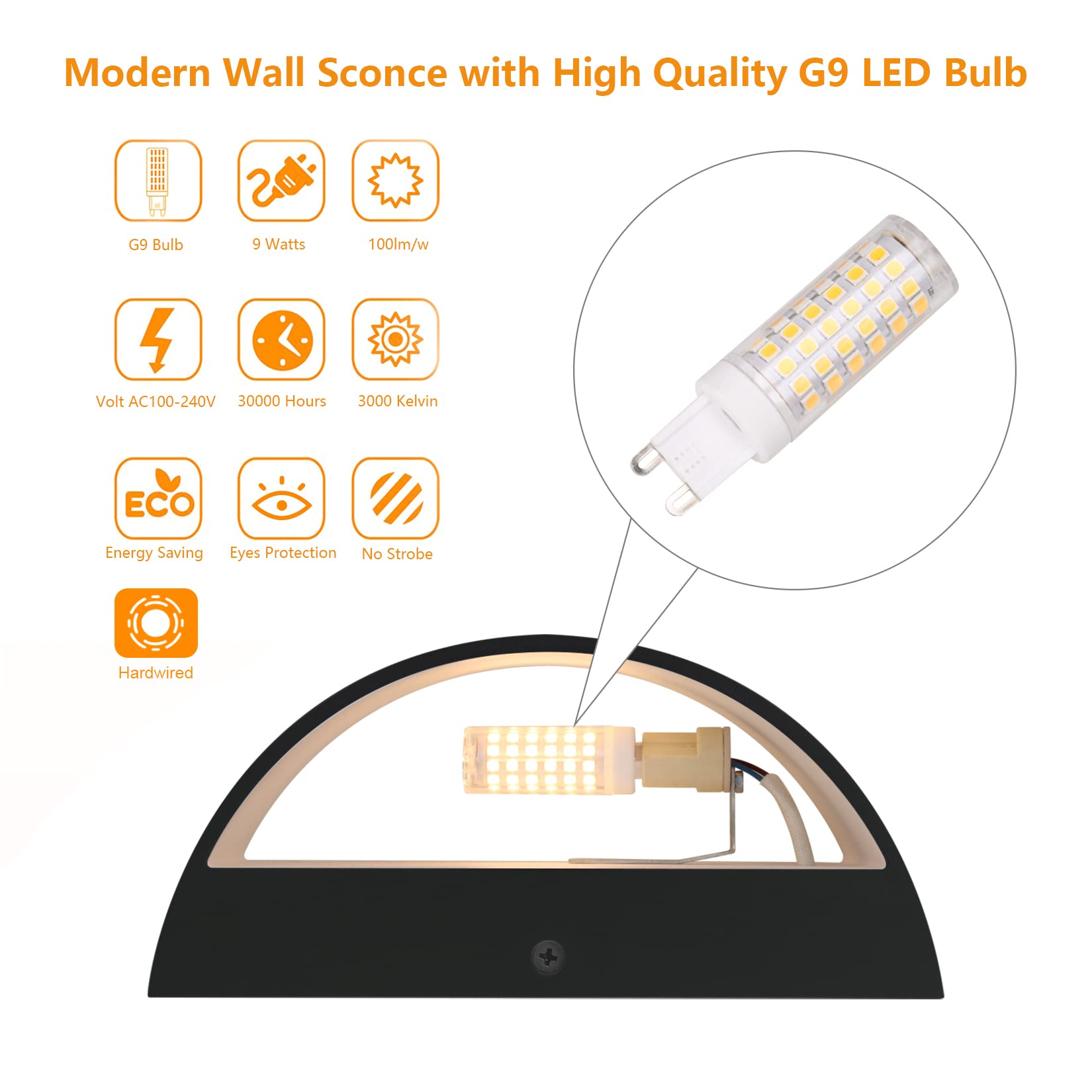 Aipsun Black LED Wall Sconce, Modern Hardwired Light, Warm White 3000K, 1 Pack, Aluminum, Model 9206