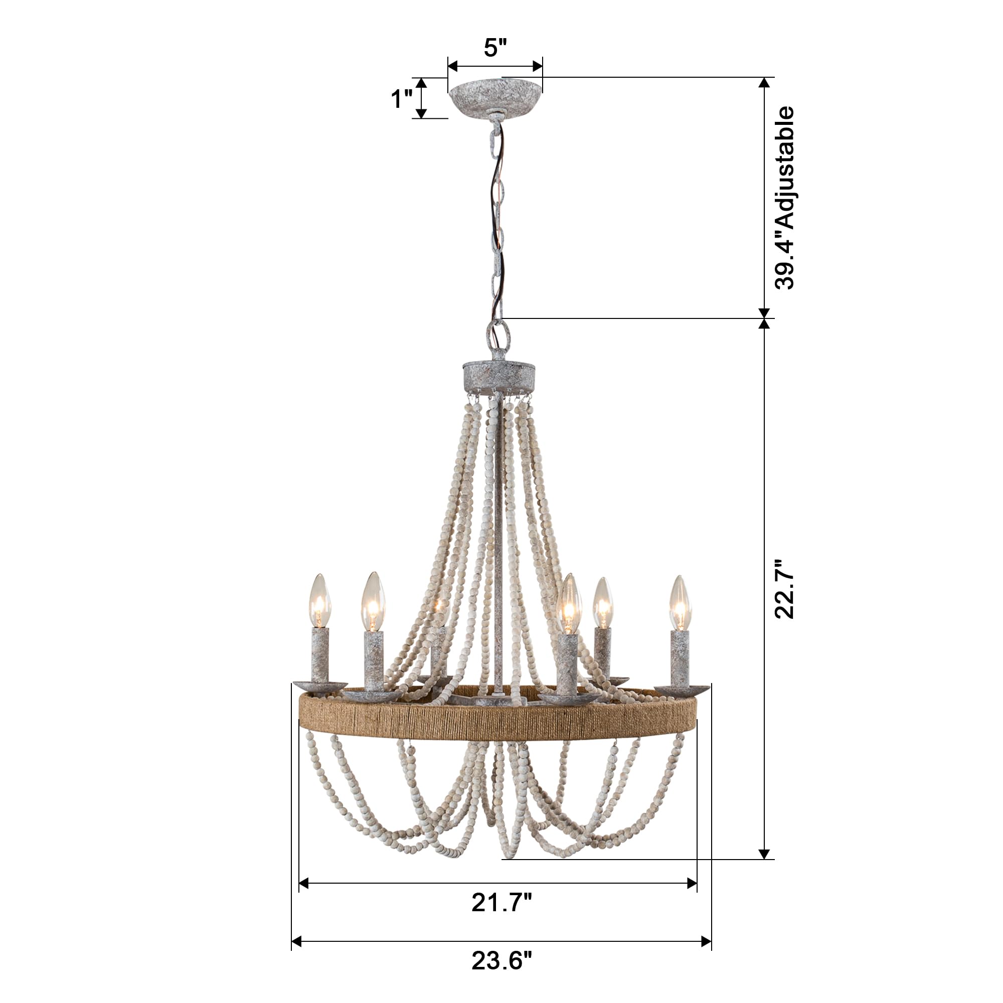 Rustic Chandelier With Wood Beads & Rope, 6-Light Farmhouse Boho Ceiling Light, Adjustable Chain (39.4''), Iron/Wood/Jute Rope,