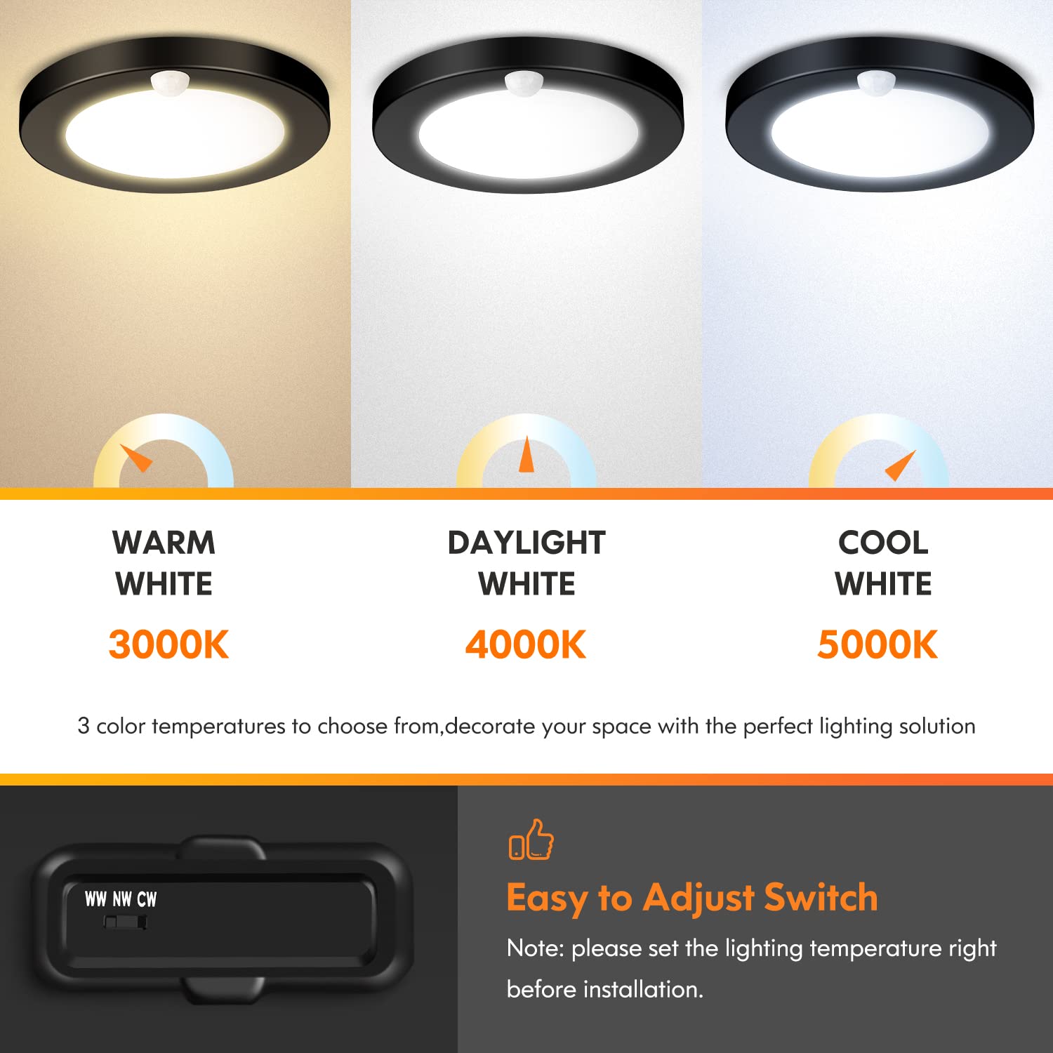 2-Pack Motion Sensor Led Ceiling Lights, 15W-100W Equivalent, 1200Lm 3 Colors In 1(3000K/4000K/5000K), 7.5Inch Black Flush Mount