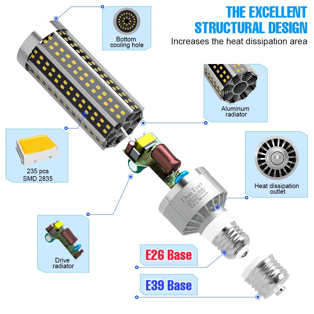 Duutoo Led Corn Bulbs 50W Super Bright 6568Lumens E26 Lights Bulb 3000K Warm White 400Watts Equivalent E39 Mogul Base Large Area Lamps 100-277V Courtyard Storage Rooms Barn Storehouse Lighting Fixture