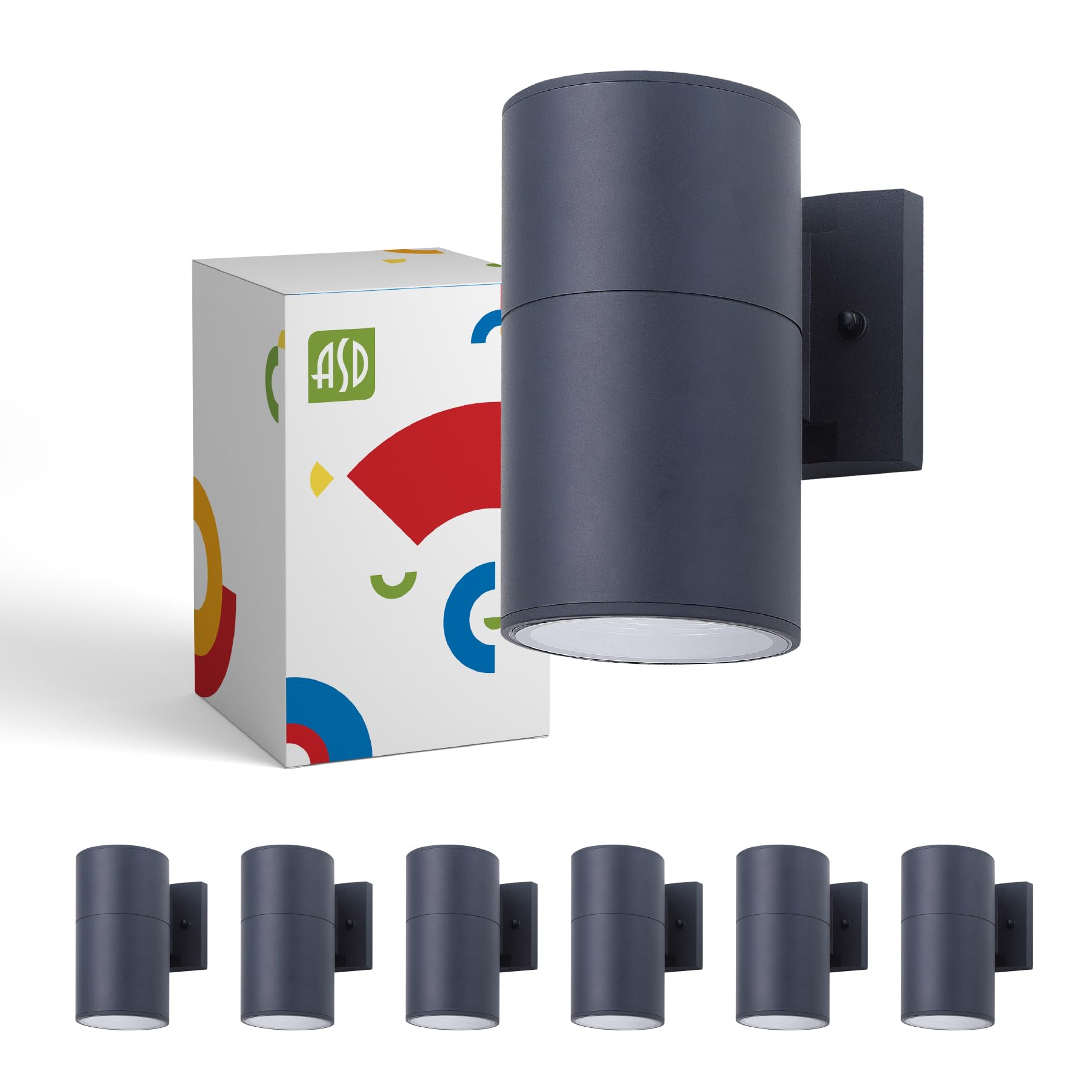 ASD 1 Light Outdoor Wall Light Fixture | 60W E26 Bulb Socket 120V ETL Cylinder Up Down Lights | LED/CFL/Incandescent Bulb Exterior Wall Sconce | Front Door  Porch Patio Lighting | Black  6 Pack