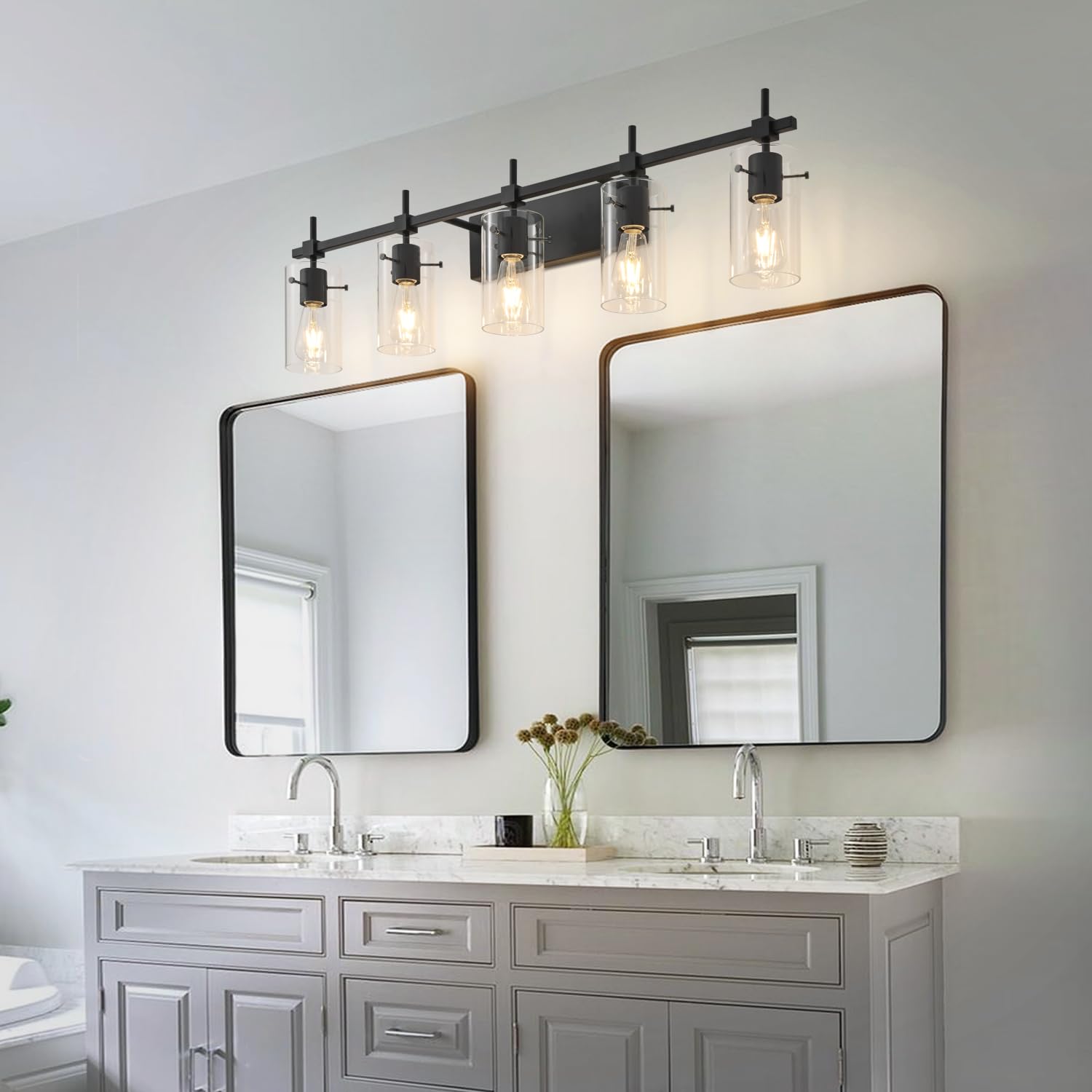 SOLFART Bathroom Light Fixtures 5 Lights Matt Black Glass Shade Over Mirror Model 7200-5T-BK
