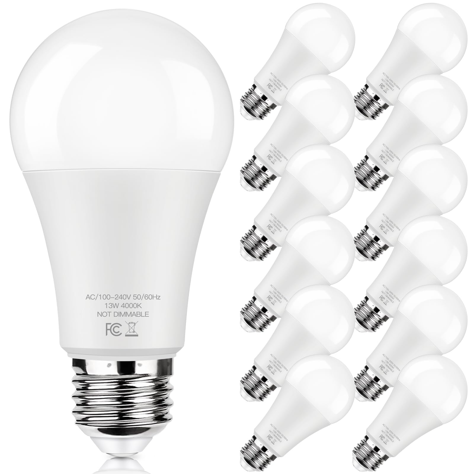 LED Light Bulbs 100W Equivalent 1500 Lumens  A19 13W 4000K Neutral White Non-Dimmable  Super Bright No Flicker Standard E26 Edison Screw Bulbs for Home  Bedroom  Office Lamp  12-Pack