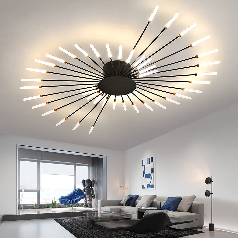 JAYMP Ceiling Light Modern Flower Shape Ceiling Lamp for Living Room Dining Room Flush Mount Metal Acrylic Sputnik Firework Petal LED Lighting Fixture (Matte Black, 42 Lights)