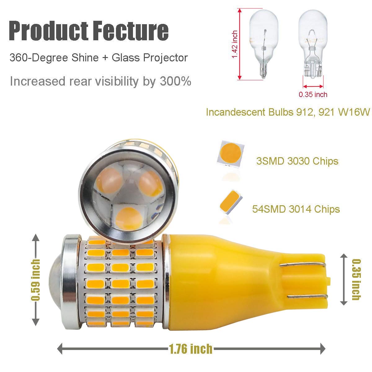iBrightstar LED Bulbs, 921 T15 912 W16W, Super Bright Projector, Amber Yellow, for Turn Signal Blinker Lights