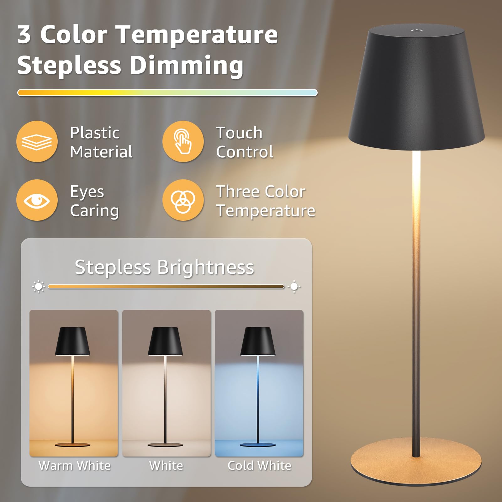 Uuffoo 2 Pack Cordless Rechargeable Table Lamps, 5200Mah Battery Powered Outdoor Table Lamps With 3 Colors Stepless Dimming, Des