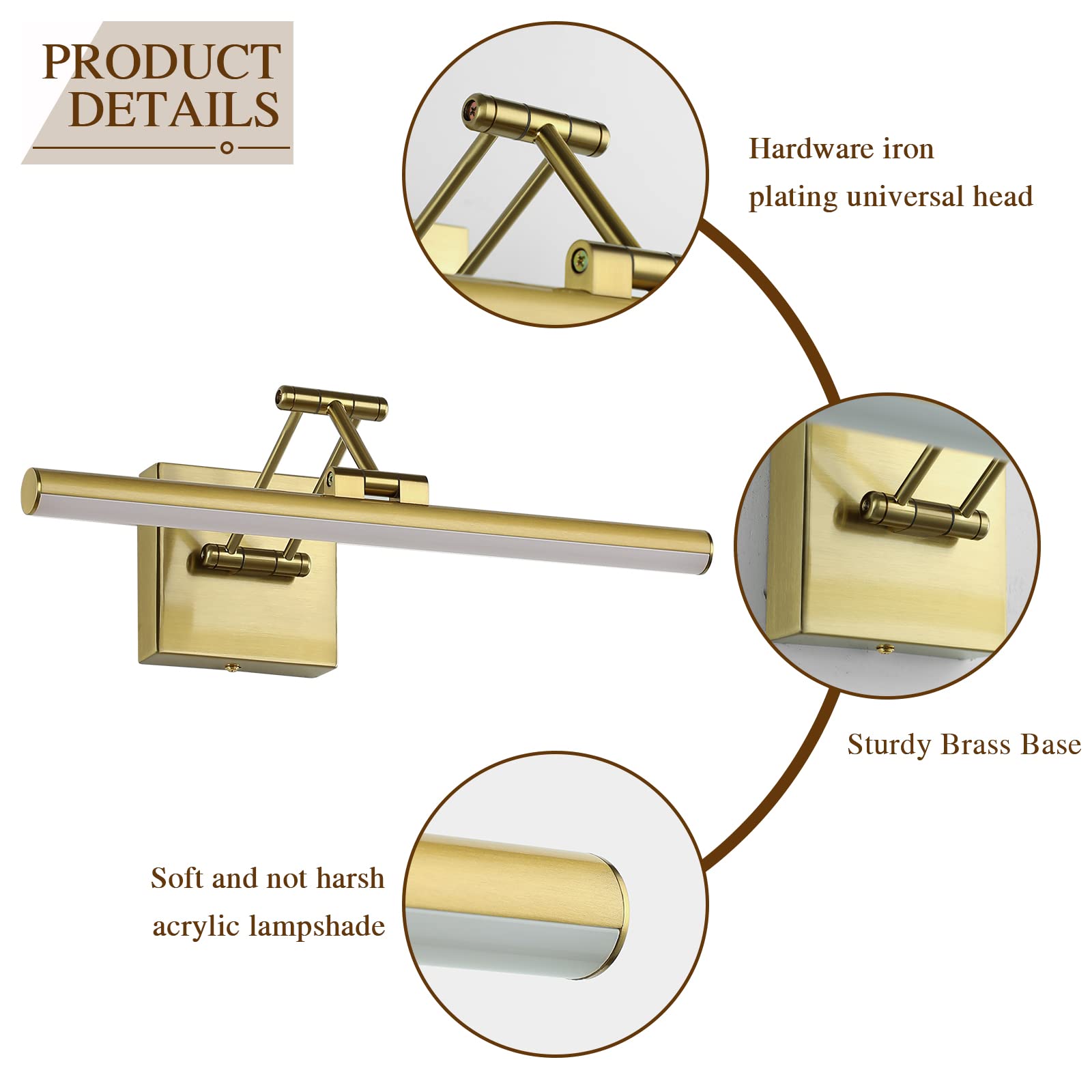 Joossnwell Led Picture Lights For Paintings Dimmable 15.5 Inch Long Hard-Wired Picture Frame Lights Brass Gallery Wall Light With Adjustable Swing Arm Art Display Lamps 7W 3000K Warm White