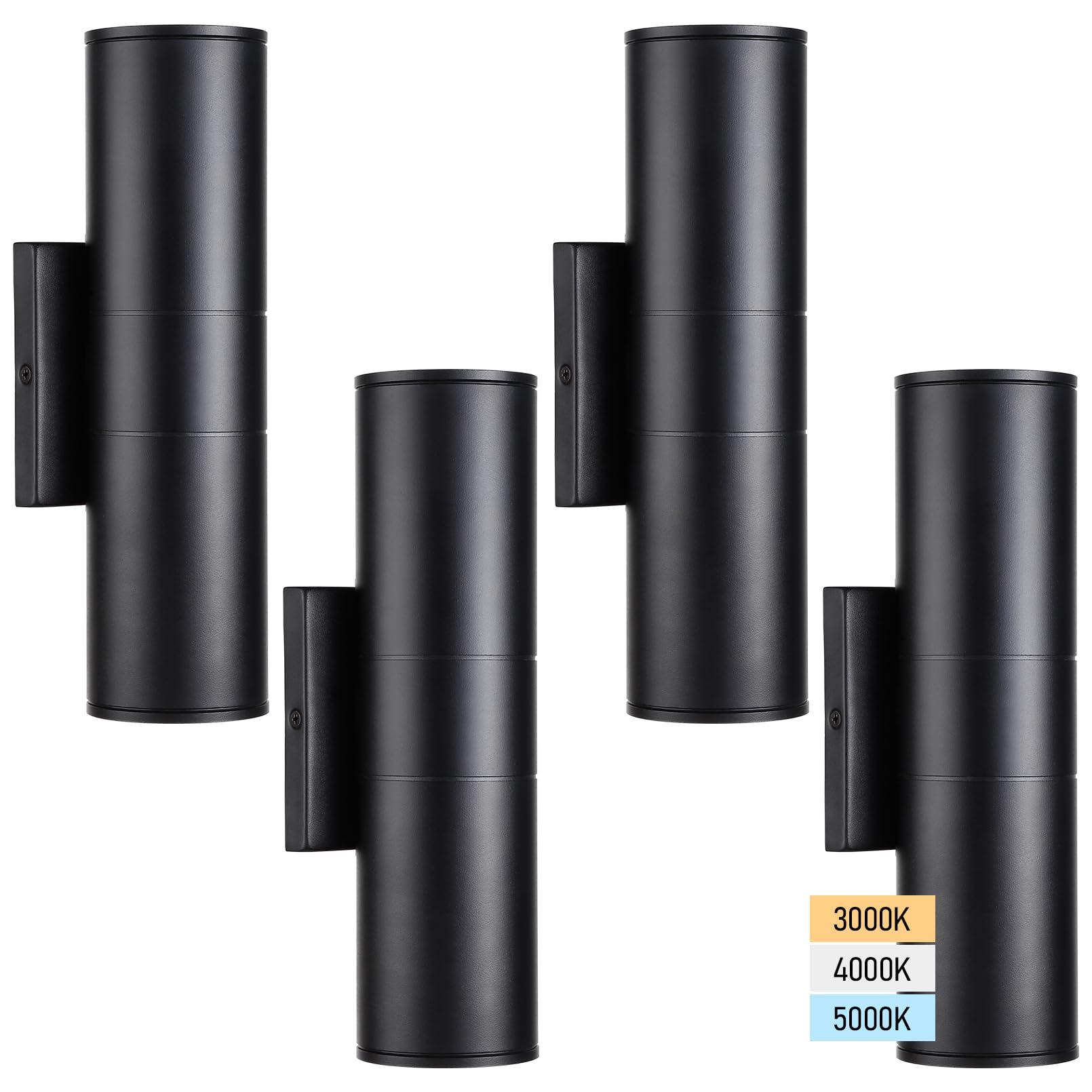 LEONLITE 3CCT Integrated LED Cylinder Up Down Wall Light Outdoor, 100V-277V 20W Aluminum Waterproof High-end Wall Sconce in 2 Lights, ETL Exterior Front Door Porch Light, 3000K 4000K 5000K, Pack of 4