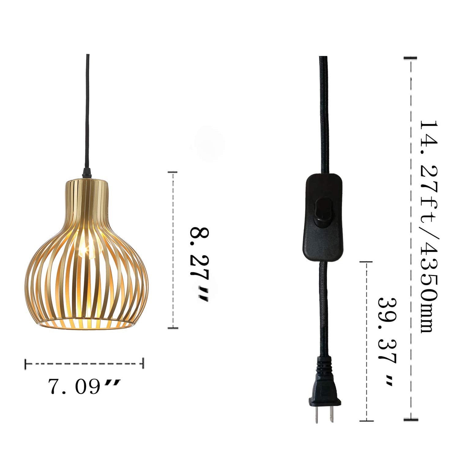 Riomasee Industrial Wire Cage Plug In Pendant Lighting Metal Hanging Light Fixture With 14.27 Ft Hanging Cord And On/Off Switch