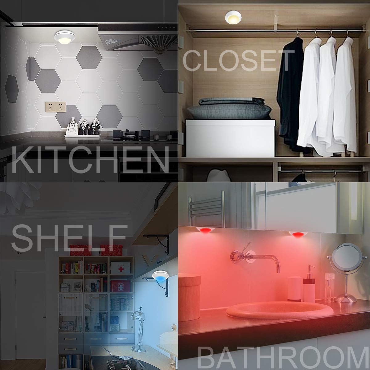 Honwell Push Light - Dimmable Color Changing Led Puck Lights, 4-Pack, Wireless Battery Powered, Ideal For Closets, White1