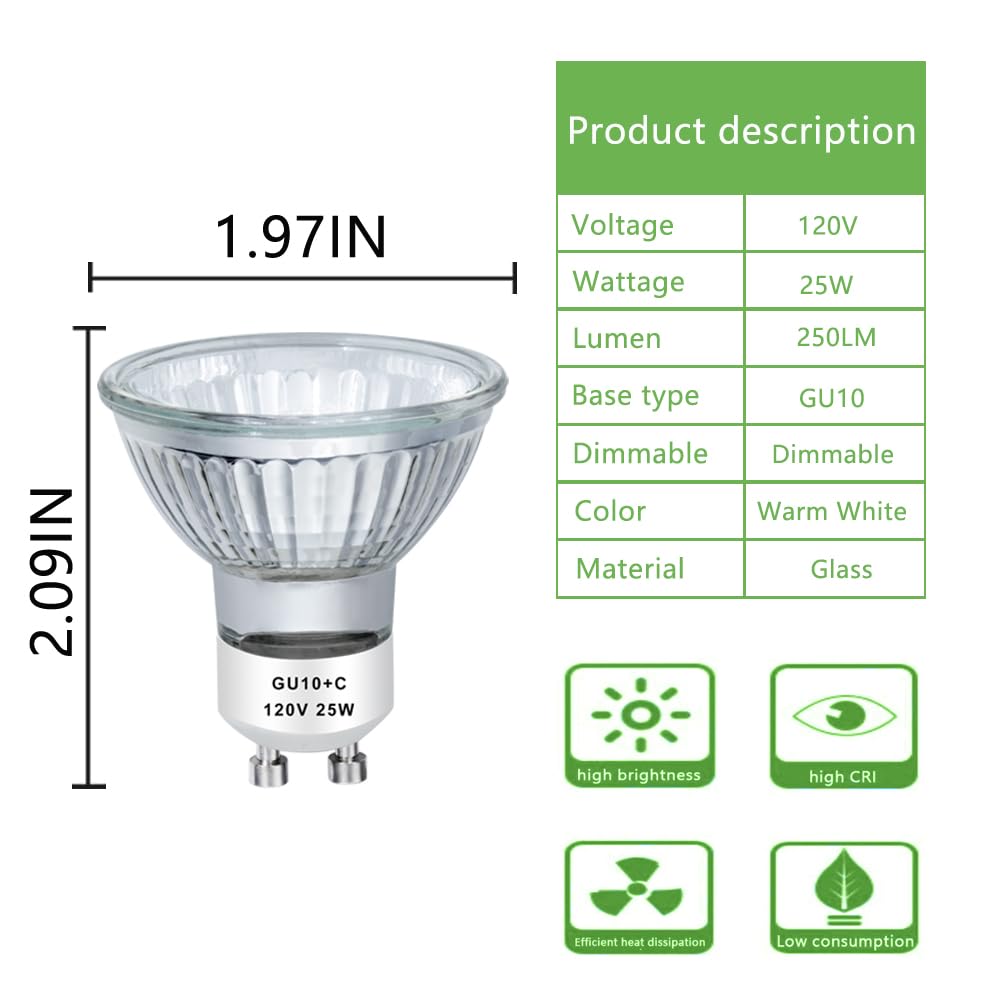AHEVO GU10 Halogen Bulb 25W 120V Warm White MR16 Glass Cover (Pack of 4)