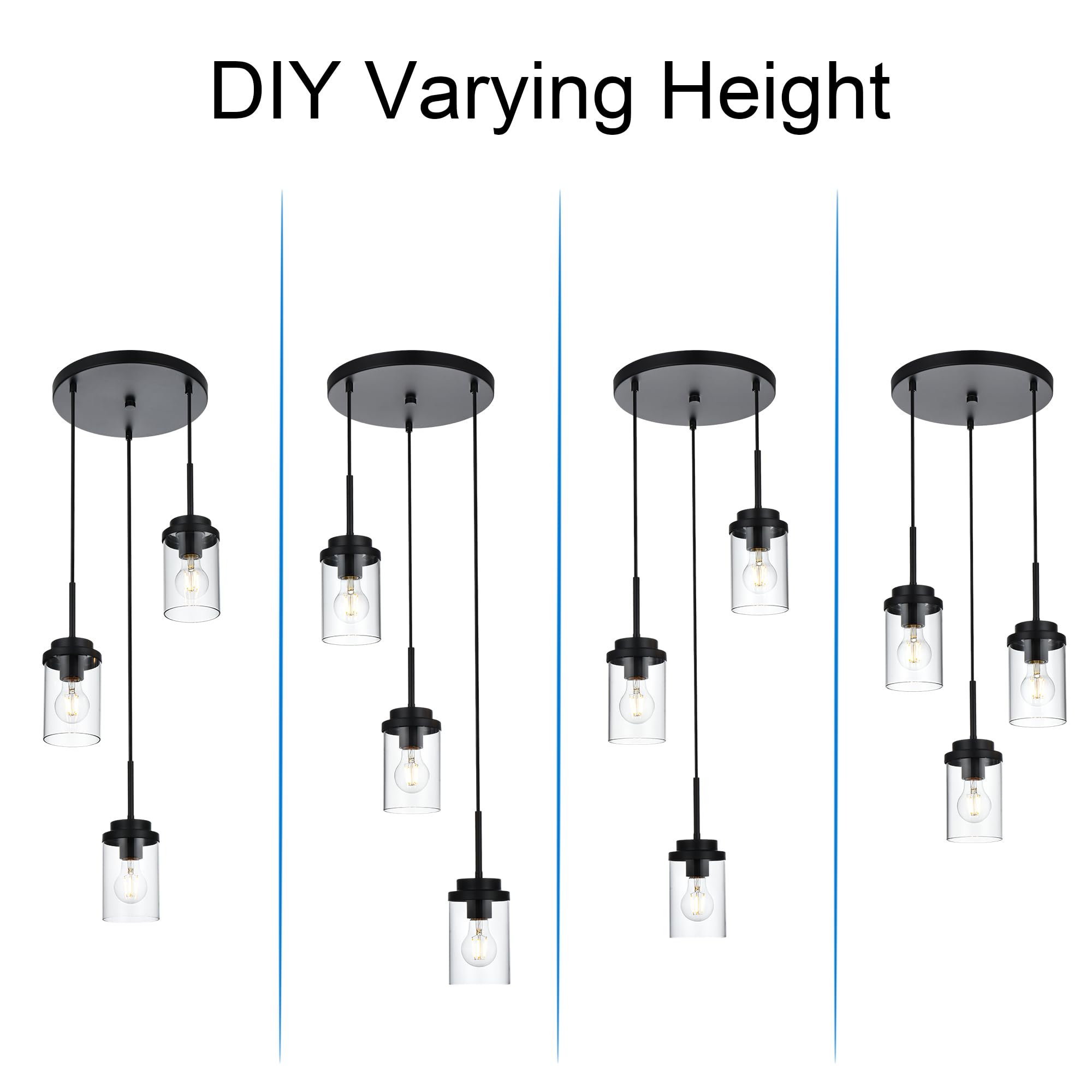 MELUCEE 3-Light Black Pendant Light Fixture with Clear Glass Shade, Modern Design for Kitchen Island, Model 4-4501-3RD-BL